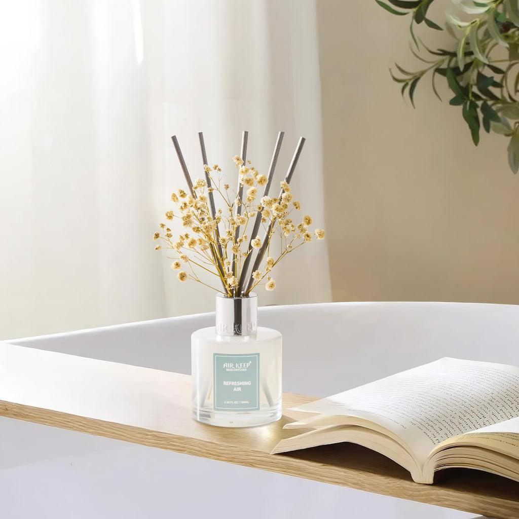 Airkeep Raumduft Clean Linen Duft, Reed Diffuser mit 8 Duftstäbchen, Lufterfrischer für Badezimmer, Wohnung, Heimdekoration, 100ml