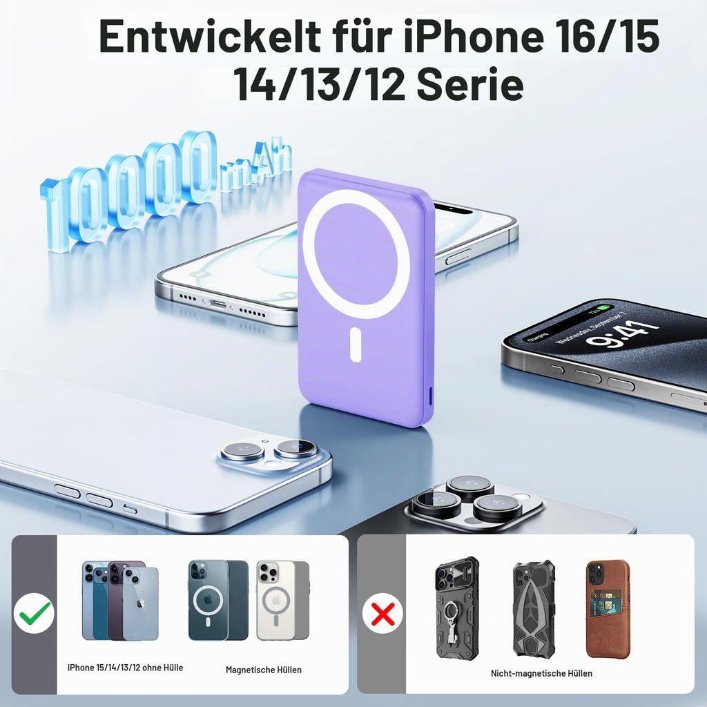 Powerbank für MagSafe, AOGUERBE Magnetische Power Bank 10000mAh, Kabellose Powerbank Schnellladung Externe Handyakkus mit LED Display für iPhone 17/16/15/14/13/12 Series