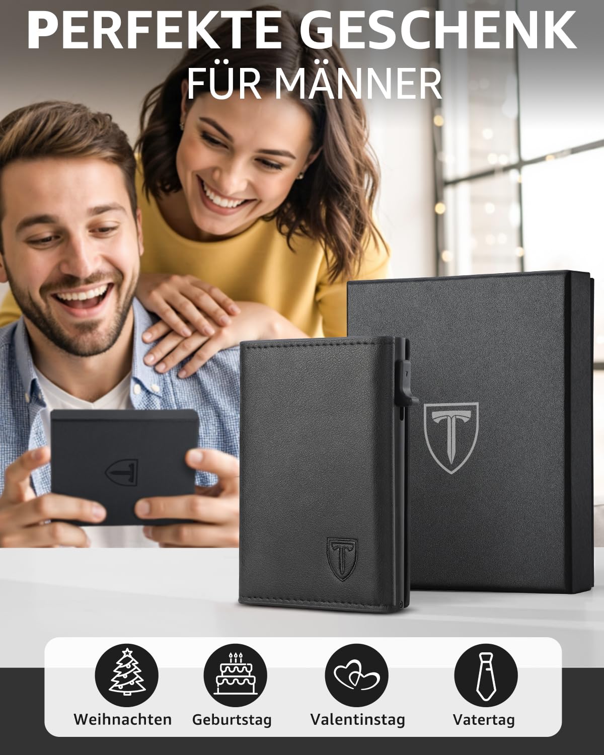 TEEHON Leder Geldbörse Herren mit Münzfach & RFID Schutz | Slim Wallet Kreditkartenetui mit Banknotenfächer | Carbon Geldbeutel Herren Kartenetui Klein& ID-Fenster | Mini Portmonee | Schwarz