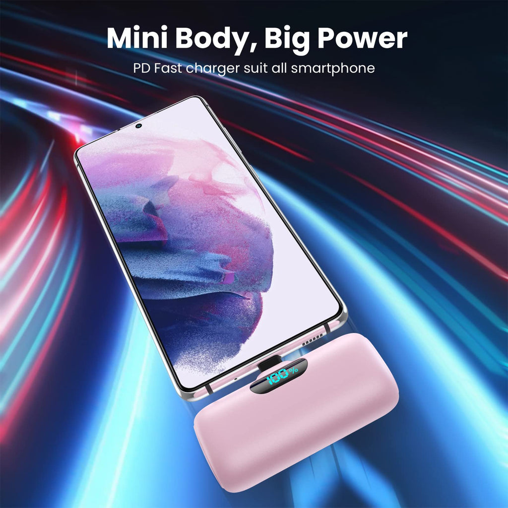 Power Bank USB C 5000mAh, Mini Powerbank Klein Aber Stark 15W PD 3.0 Schnelles Aufladen Tragbares Externer Akku mit LED Display Kompatibel mit iPhone 17/16/15, Samsung S25/24, Android Telefone