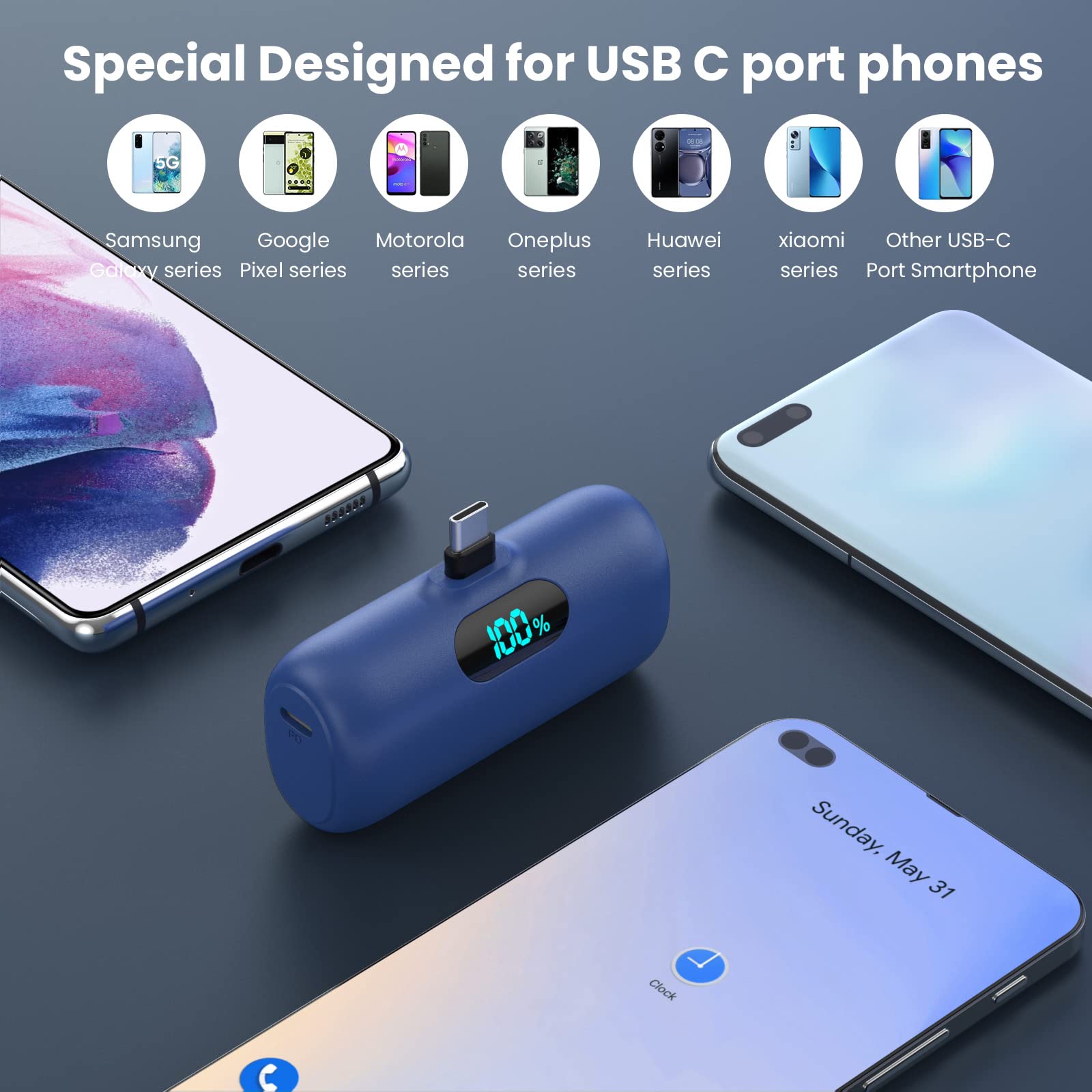 Power Bank USB C 5000mAh, Mini Powerbank Klein Aber Stark 15W PD 3.0 Schnelles Aufladen Tragbares Externer Akku mit LED Display Kompatibel mit iPhone 17/16/15, Samsung S25/24, Android Telefone