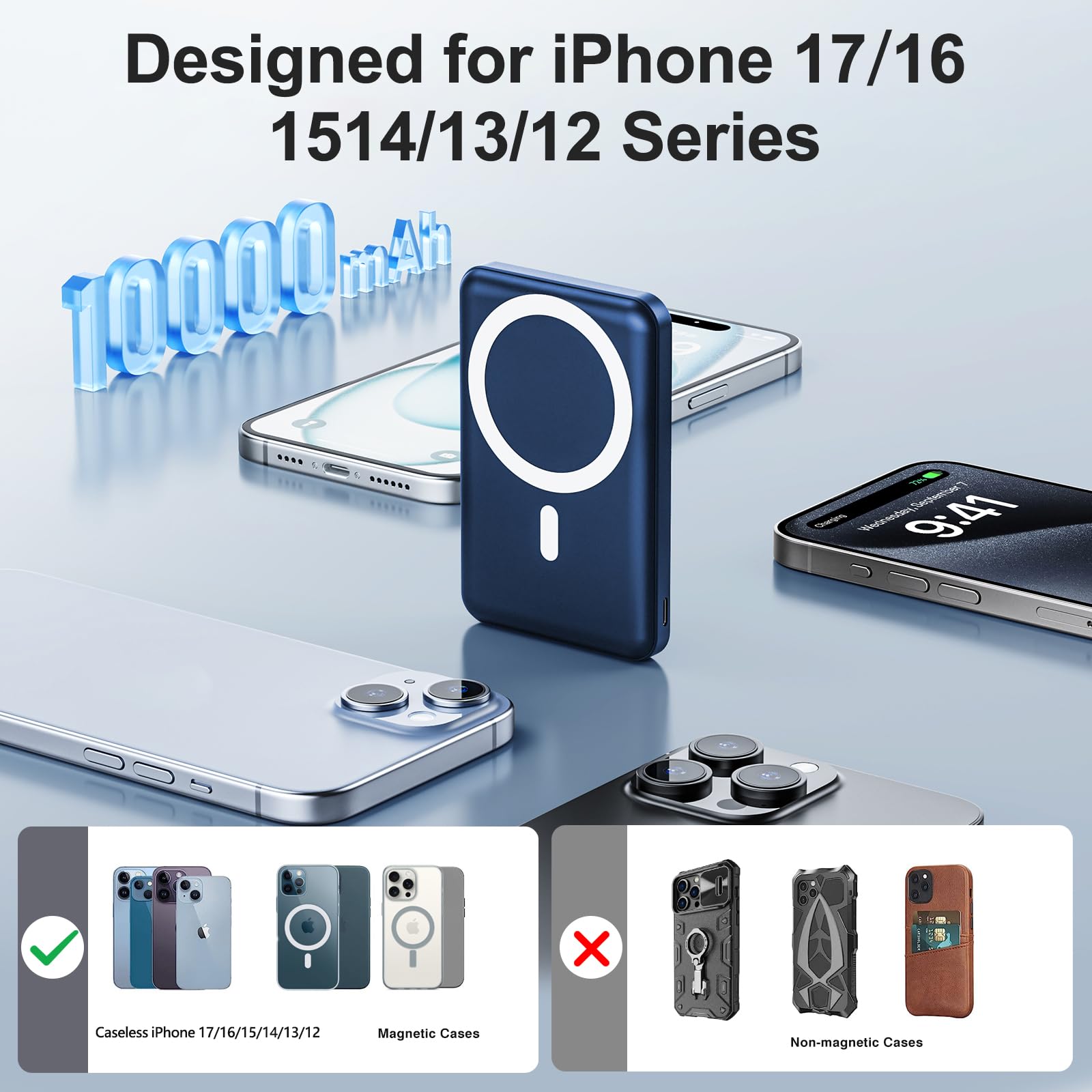 Powerbank für MagSafe, AOGUERBE Magnetische Power Bank 10000mAh, Kabellose Powerbank Schnellladung Externe Handyakkus mit LED Display für iPhone 17/16/15/14/13/12 Series