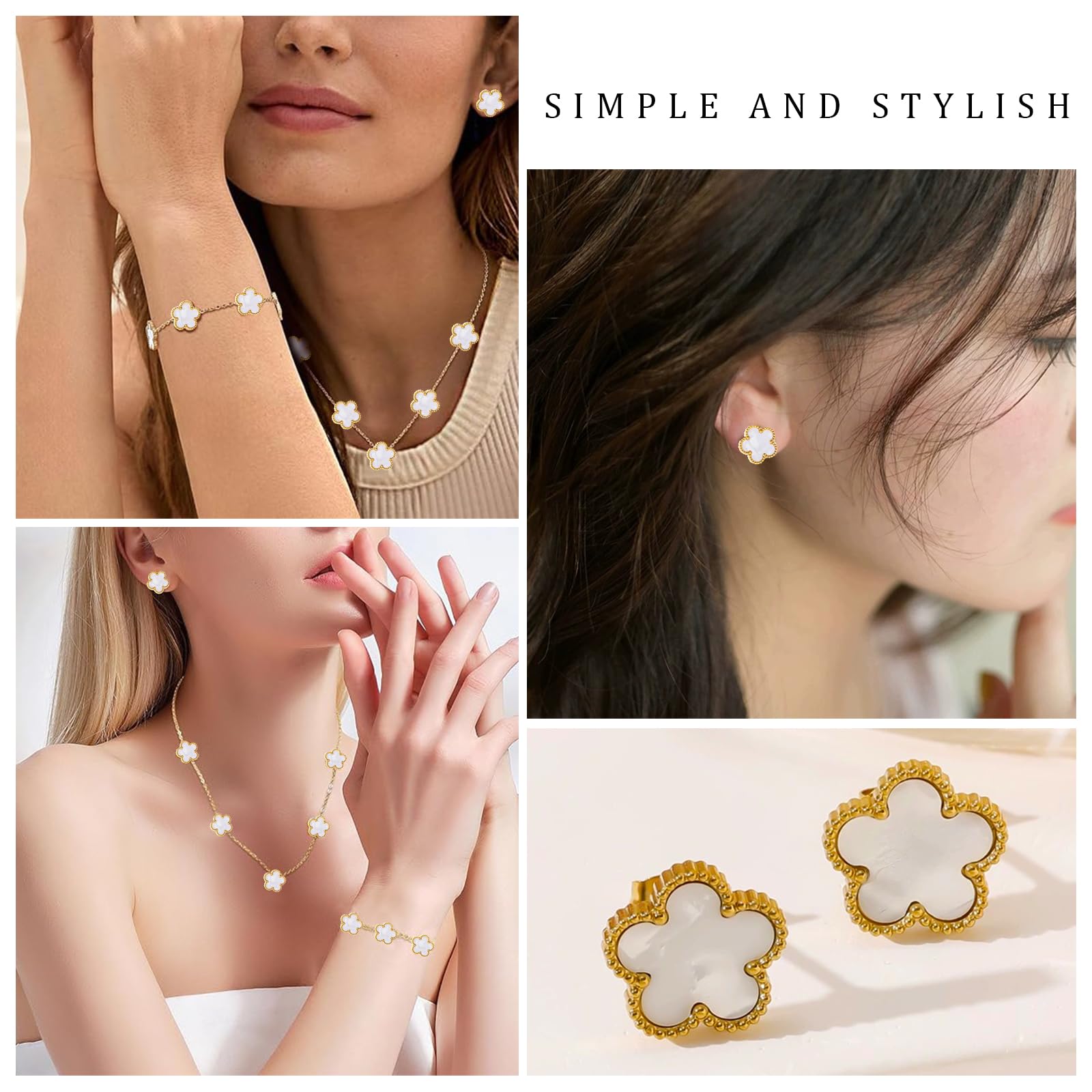 18k Vierblättriges Kleeblatt Schmuckset, Damen Und MäDchen Vergoldet Vierblättriges Kleeblatt Armband Halskette Ohrringe Armband,Schmuck Set für Muttertags,Valentinstag