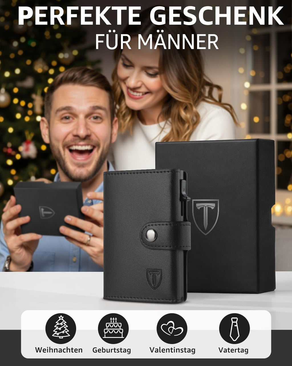 TEEHON Leder Geldbörse Herren mit Münzfach & RFID Schutz | Slim Wallet Kreditkartenetui mit Banknotenfächer | Carbon Geldbeutel Herren Kartenetui Klein& ID-Fenster | Mini Portmonee | Schwarz