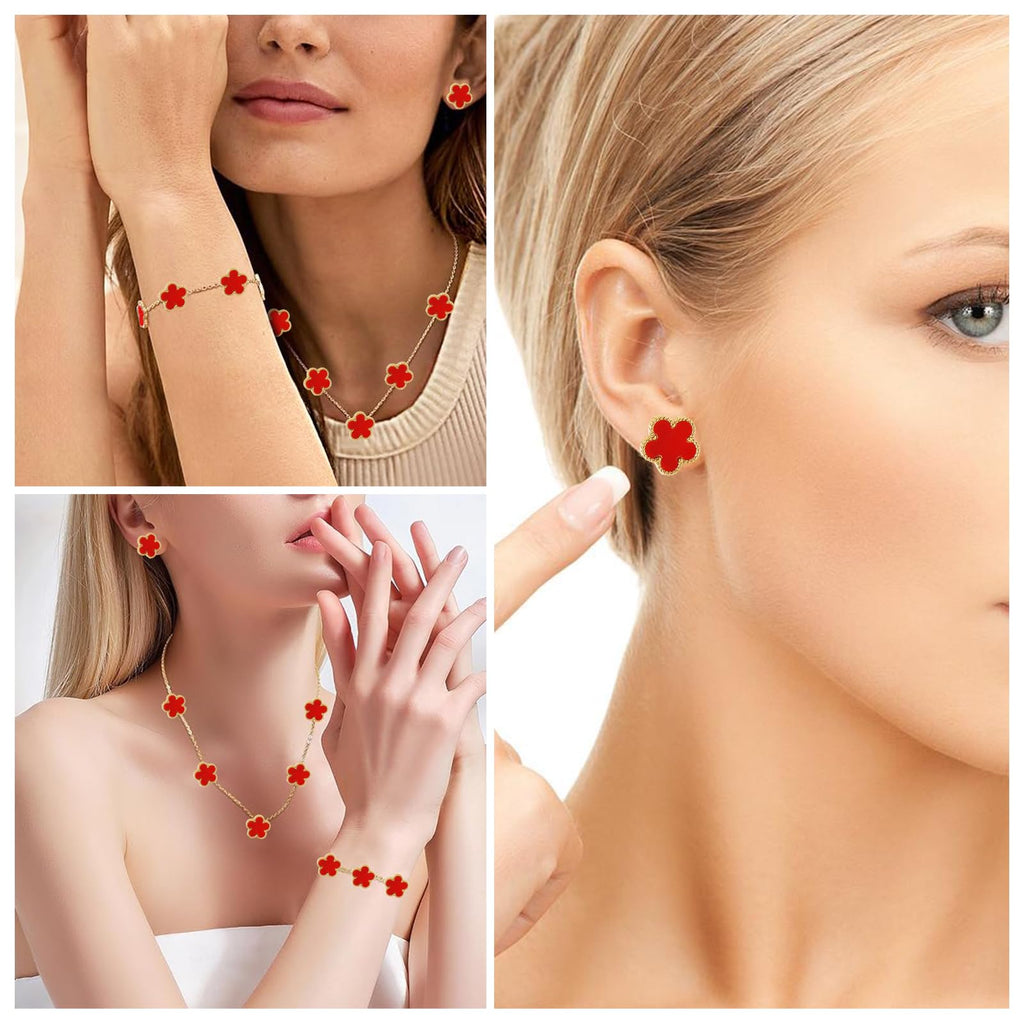 18k Vierblättriges Kleeblatt Schmuckset, Damen Und MäDchen Vergoldet Vierblättriges Kleeblatt Armband Halskette Ohrringe Armband,Schmuck Set für Muttertags,Valentinstag