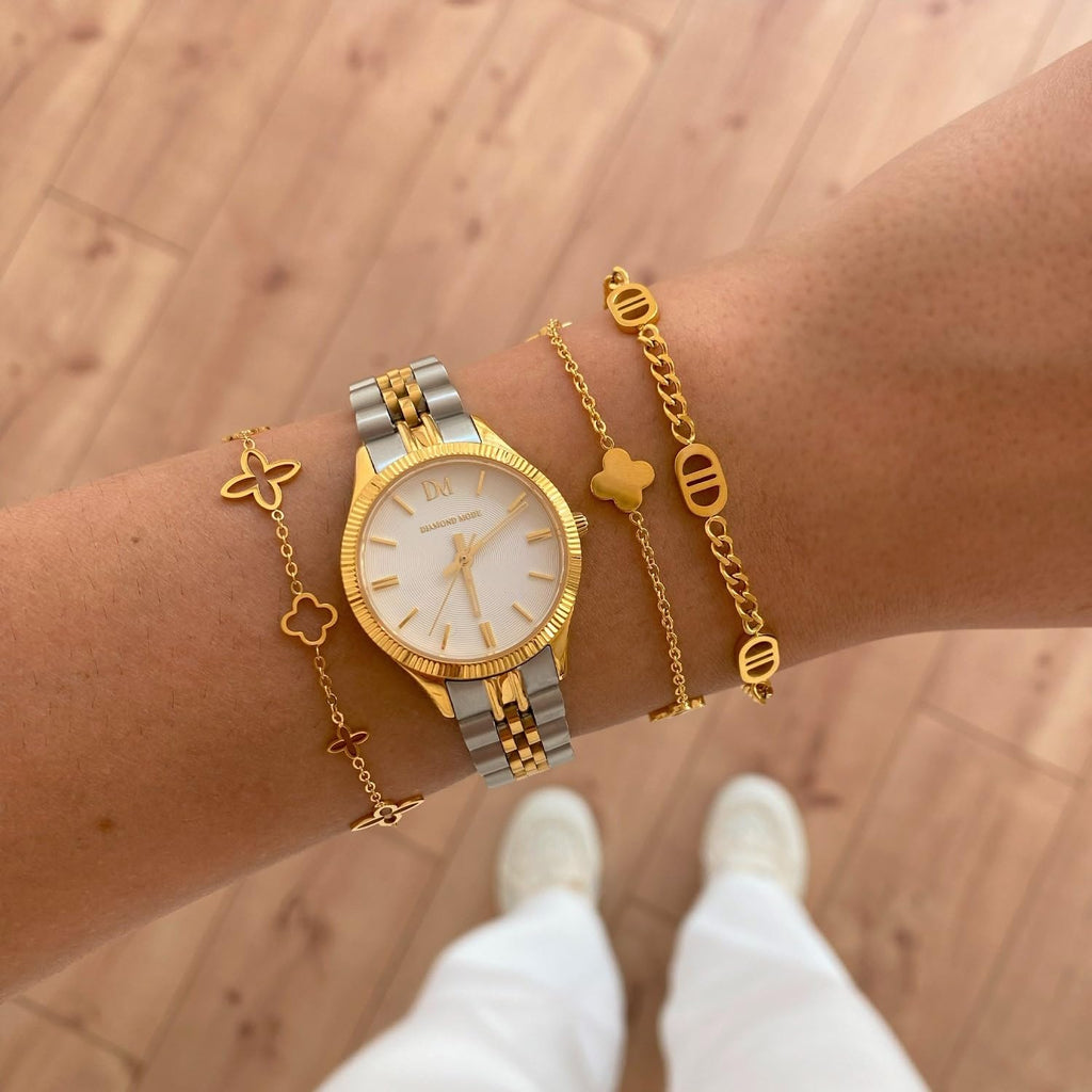 DIAMOND MODE Kleeblatt Armband Damen Gold - Schmuck 18K Gelbgold vergoldet, Chirurgenstahl 316L, Fancy Clover, 16cm + 4cm Verlängerung, Wasserfest, Geschenk, Blumen