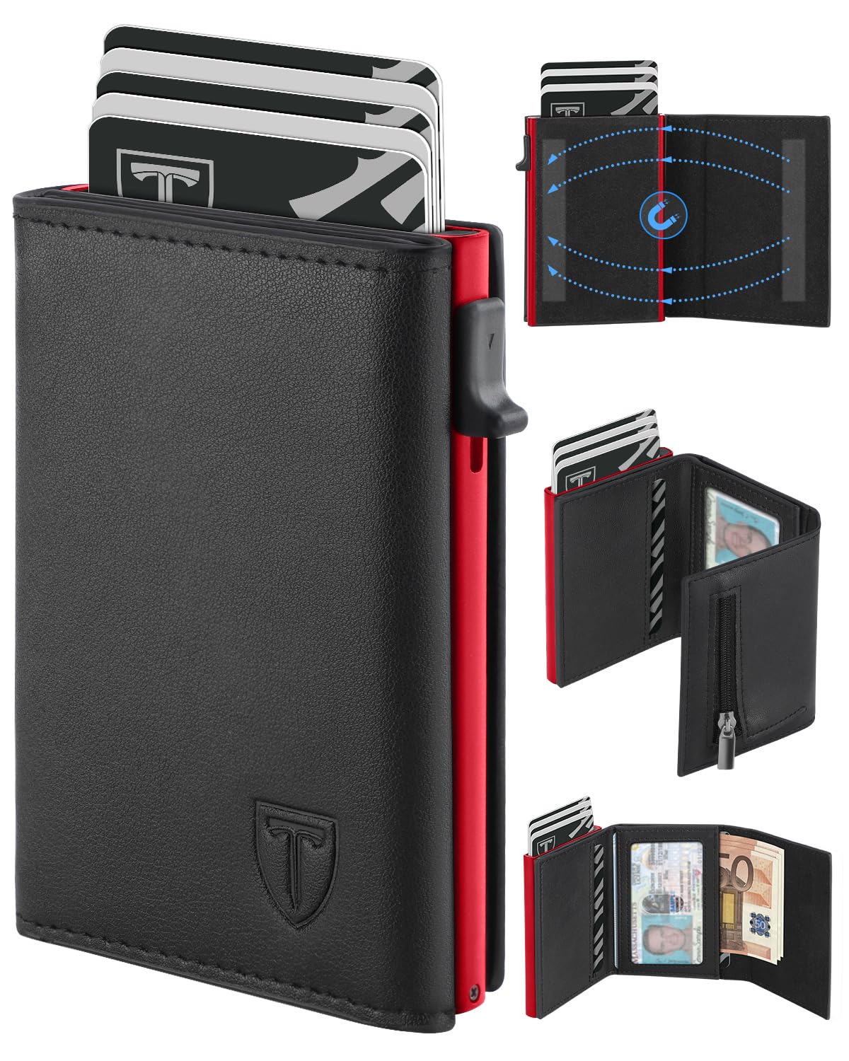 TEEHON Leder Geldbörse Herren mit Münzfach & RFID Schutz | Slim Wallet Kreditkartenetui mit Banknotenfächer | Carbon Geldbeutel Herren Kartenetui Klein& ID-Fenster | Mini Portmonee | Schwarz