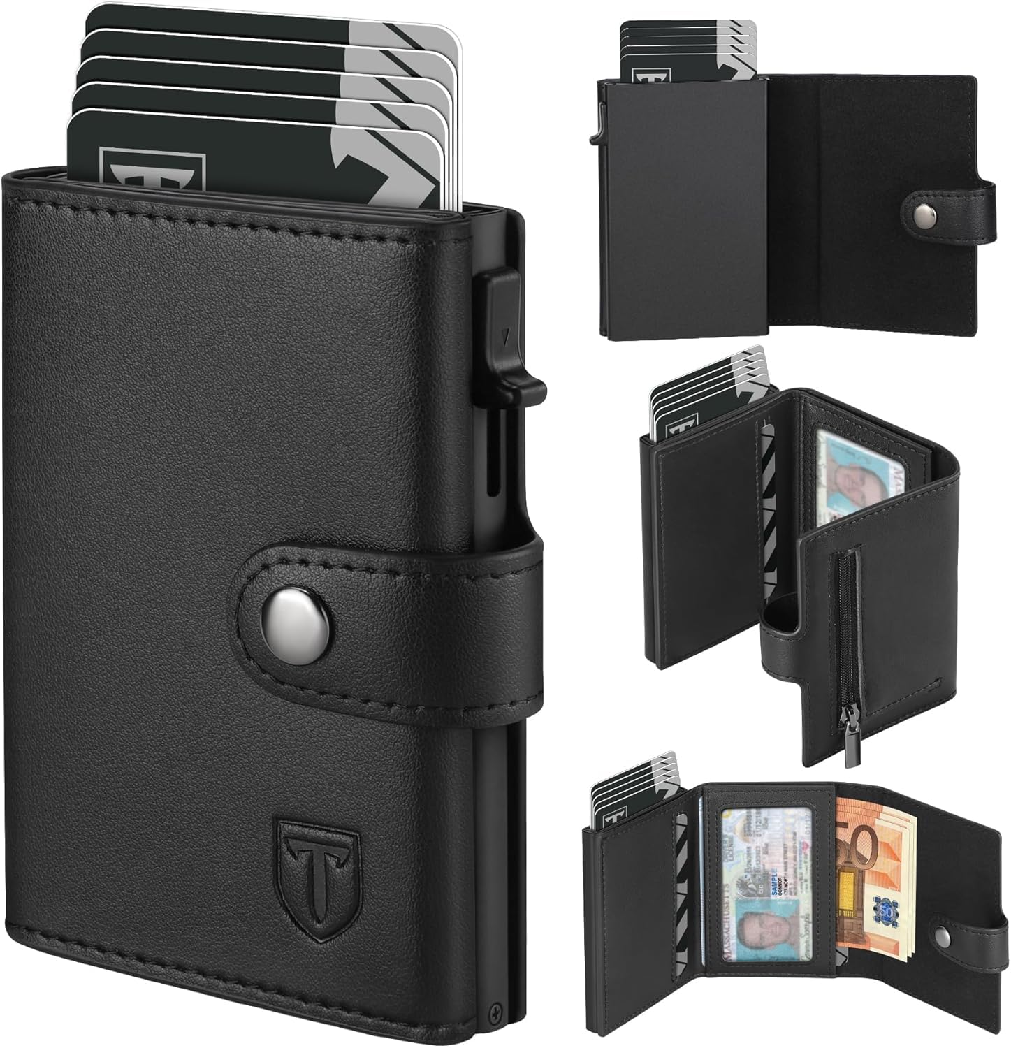TEEHON Leder Geldbörse Herren mit Münzfach & RFID Schutz | Slim Wallet Kreditkartenetui mit Banknotenfächer | Carbon Geldbeutel Herren Kartenetui Klein& ID-Fenster | Mini Portmonee | Schwarz