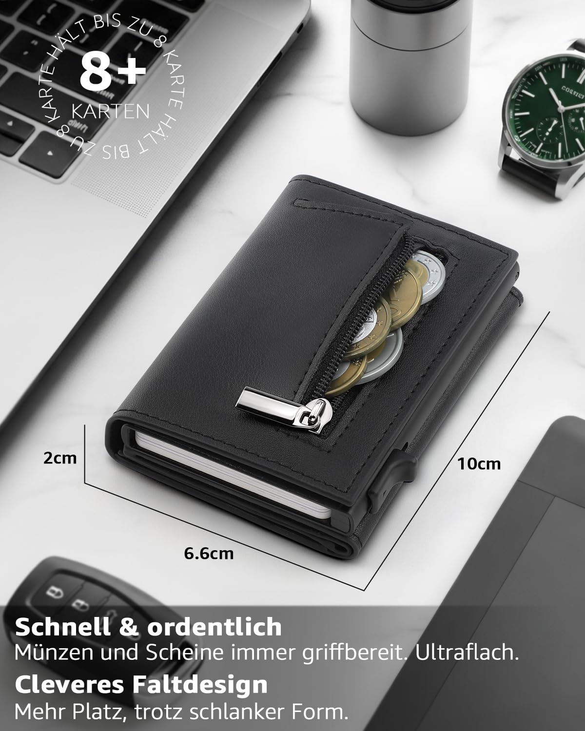 TEEHON Leder Geldbörse Herren mit Münzfach & RFID Schutz | Slim Wallet Kreditkartenetui mit Banknotenfächer | Carbon Geldbeutel Herren Kartenetui Klein& ID-Fenster | Mini Portmonee | Schwarz