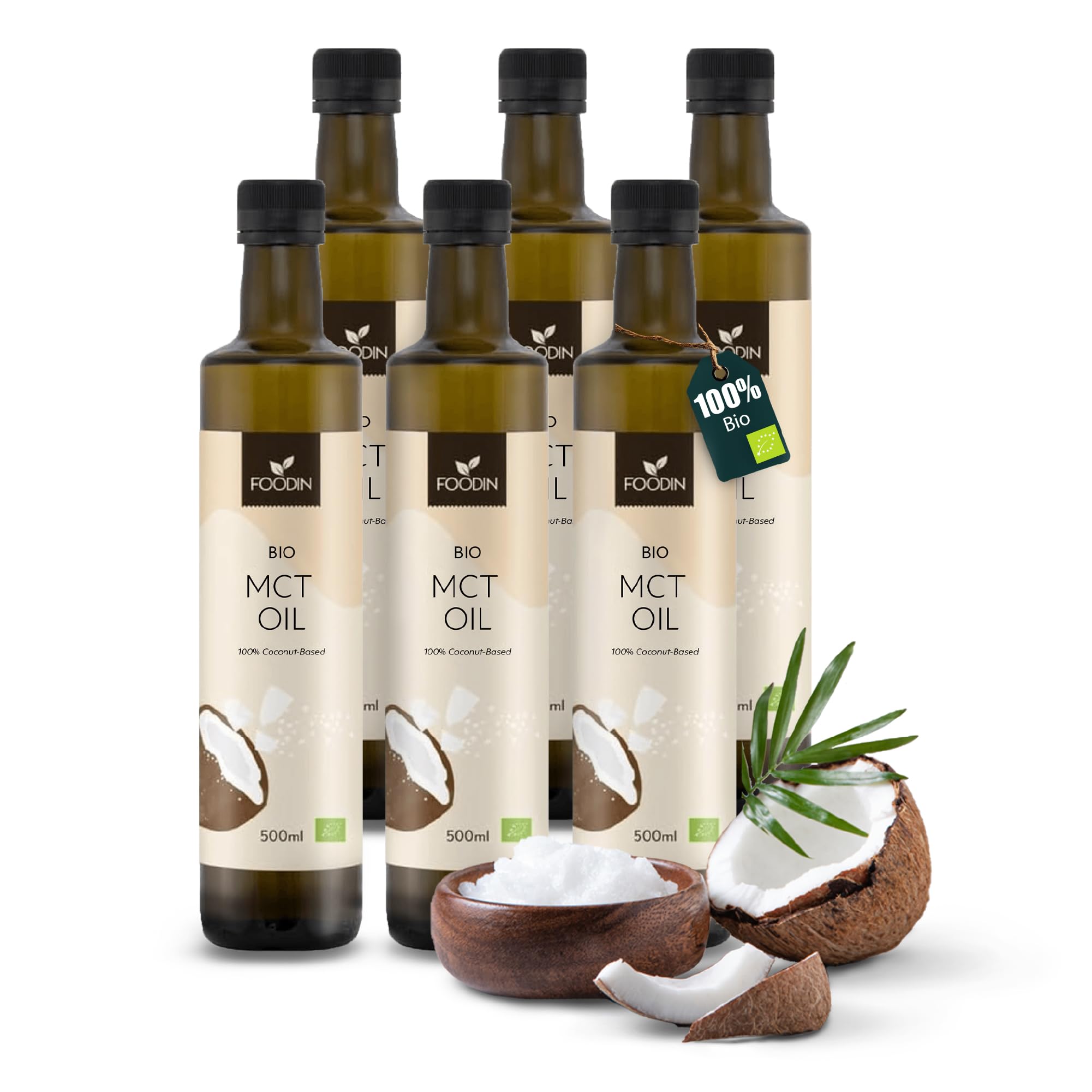 FOODIN MCT Öl 1000ml (2 x 500 ml) aus 100% Kokosöl, Medium-Chain Triglyceride (MCT) Oil, Hergestellt aus produzierter Kokosnuss, 100% glutenfrei und vegan, Ideal für Ketogene Ernährung