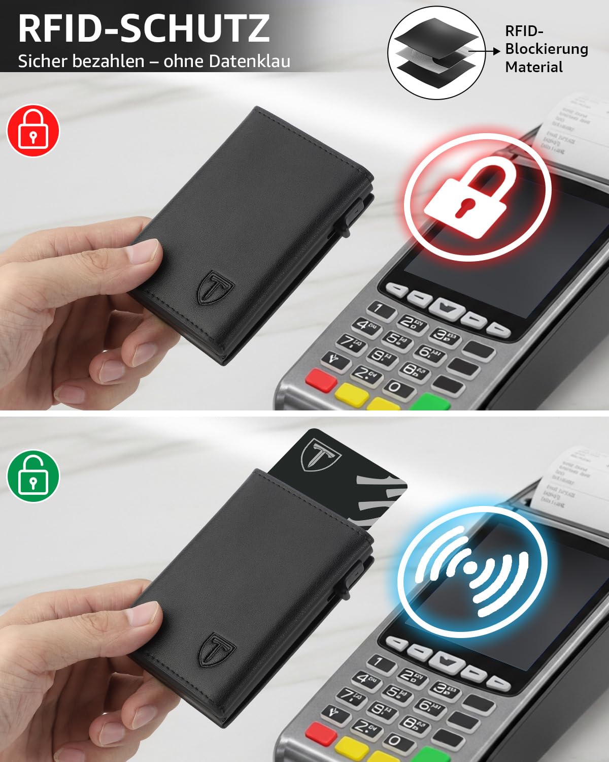 TEEHON Leder Geldbörse Herren mit Münzfach & RFID Schutz | Slim Wallet Kreditkartenetui mit Banknotenfächer | Carbon Geldbeutel Herren Kartenetui Klein& ID-Fenster | Mini Portmonee | Schwarz