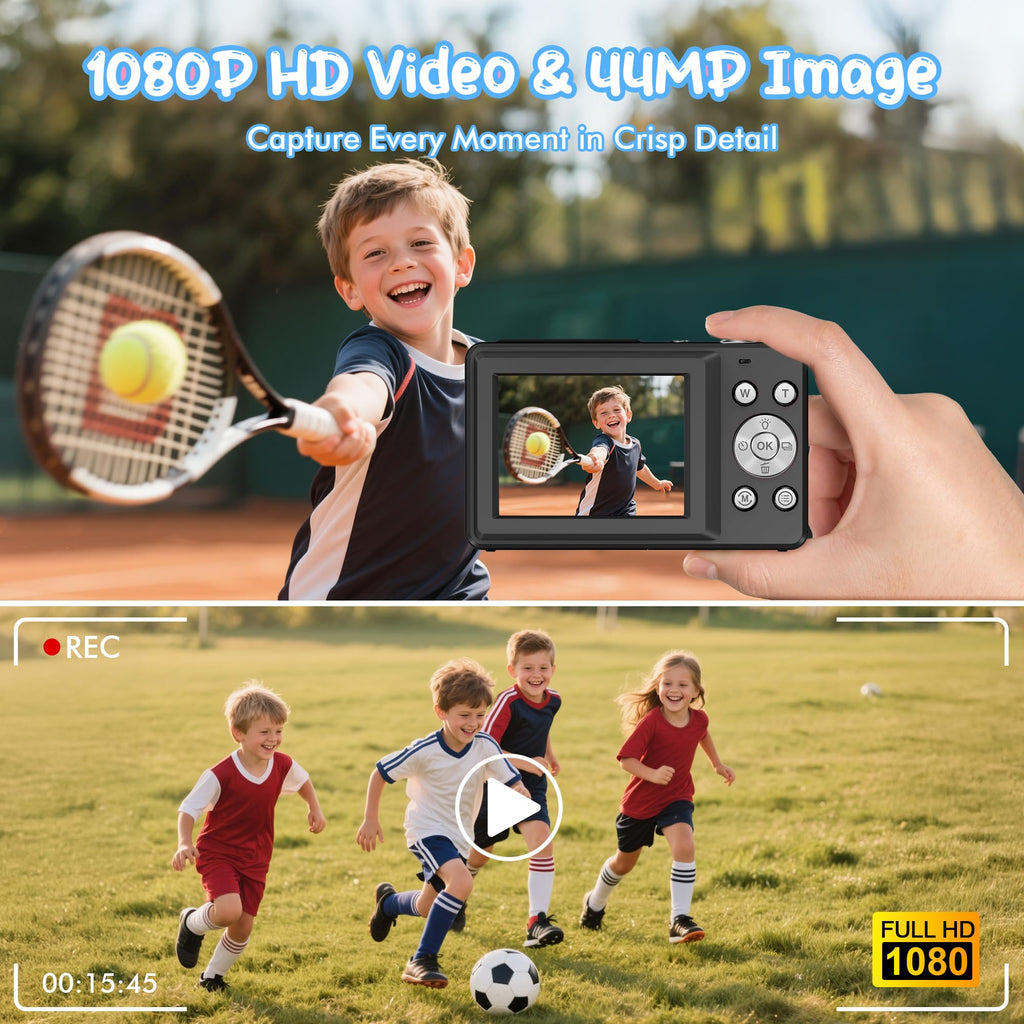 Digitalkamera 1080P 44MP Vlogging Kamera für Kinder Jugendliche, FHD Kompaktkamera Fotokamera mit 2,4" Bildschirm 16X Zoom, Anti-Shake Minikamera für Anfänger Studenten Jungen Mädchen-Schwarz