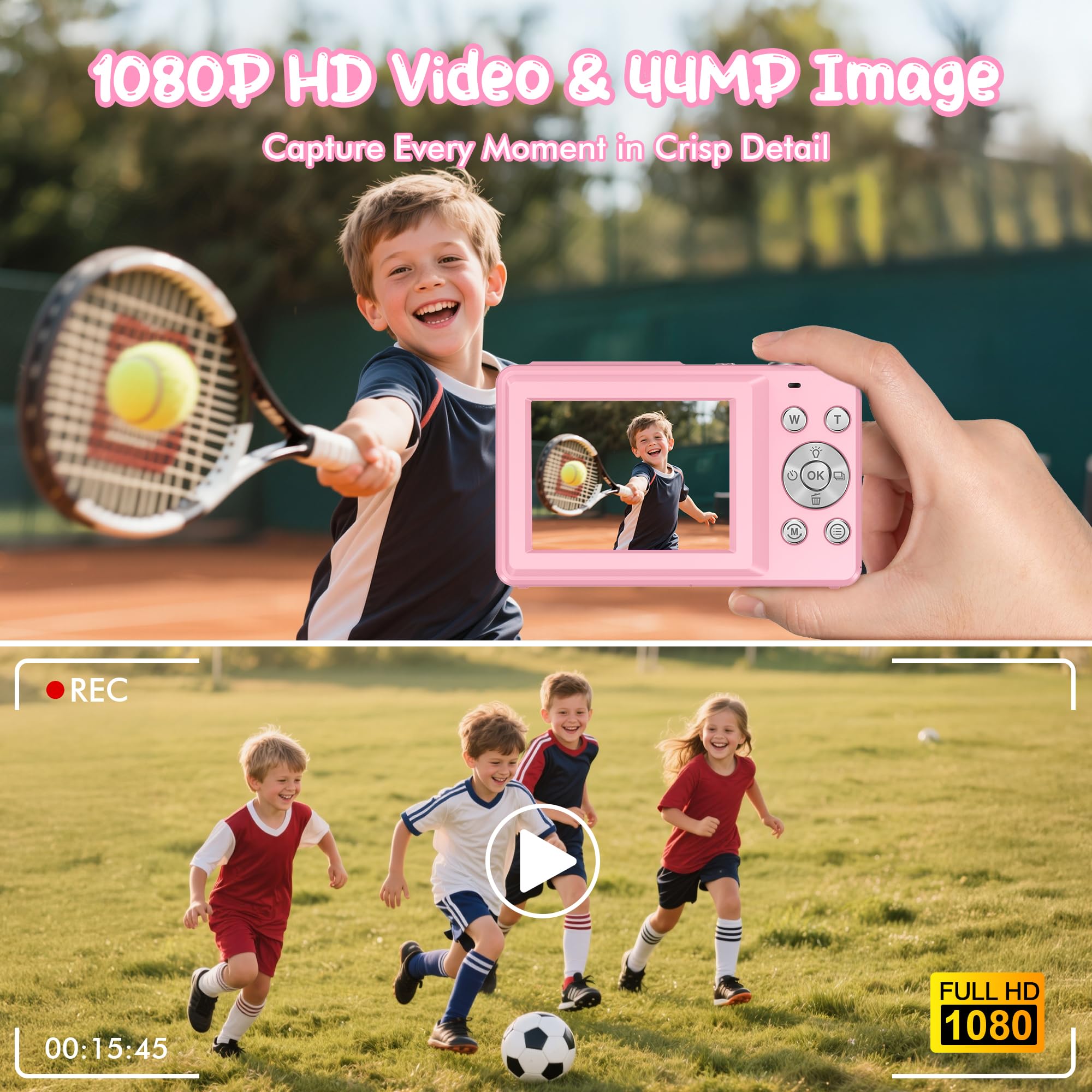 Digitalkamera 1080P 44MP Vlogging Kamera für Kinder Jugendliche, FHD Kompaktkamera Fotokamera mit 2,4" Bildschirm 16X Zoom, Anti-Shake Minikamera für Anfänger Studenten Jungen Mädchen-Schwarz