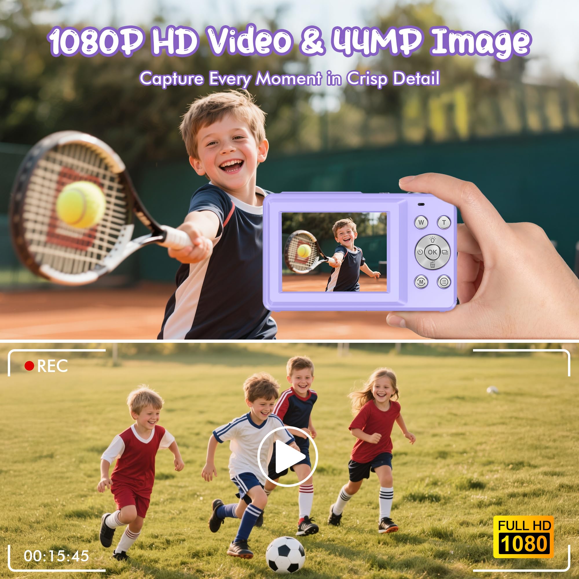 Digitalkamera 1080P 44MP Vlogging Kamera für Kinder Jugendliche, FHD Kompaktkamera Fotokamera mit 2,4" Bildschirm 16X Zoom, Anti-Shake Minikamera für Anfänger Studenten Jungen Mädchen-Schwarz