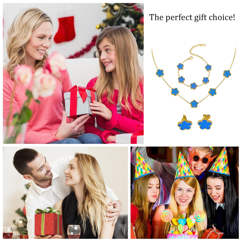18k Vierblättriges Kleeblatt Schmuckset, Damen Und MäDchen Vergoldet Vierblättriges Kleeblatt Armband Halskette Ohrringe Armband,Schmuck Set für Muttertags,Valentinstag