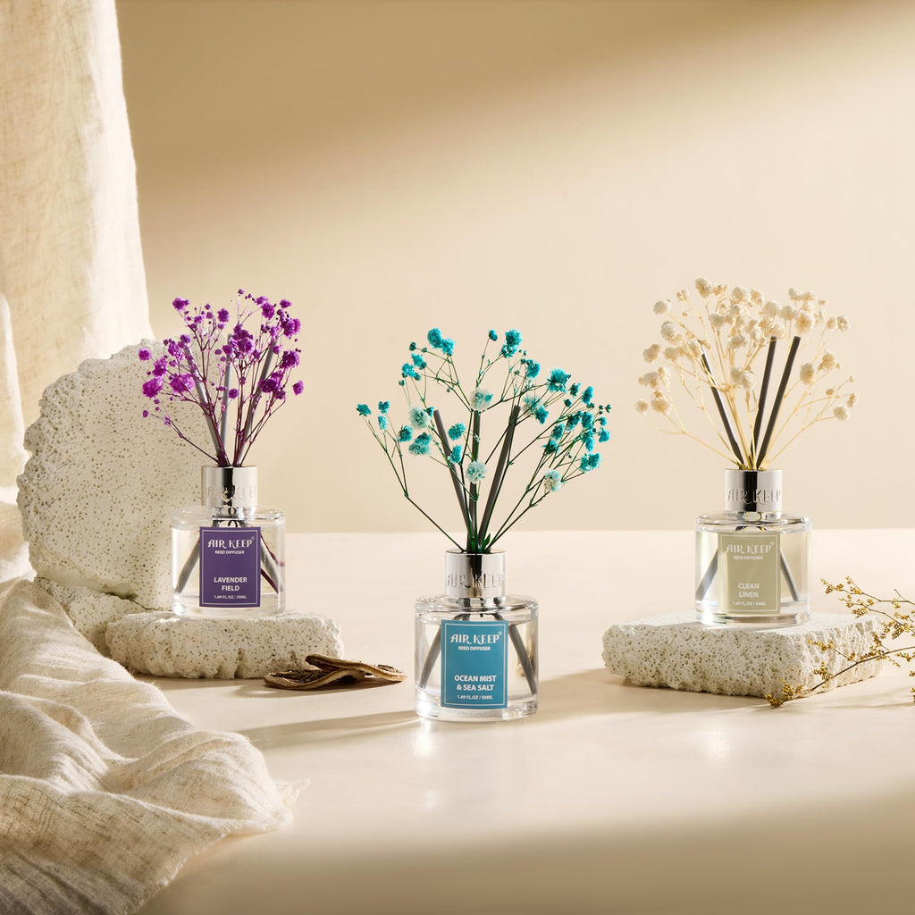 Airkeep Raumduft Clean Linen Duft, Reed Diffuser mit 8 Duftstäbchen, Lufterfrischer für Badezimmer, Wohnung, Heimdekoration, 100ml