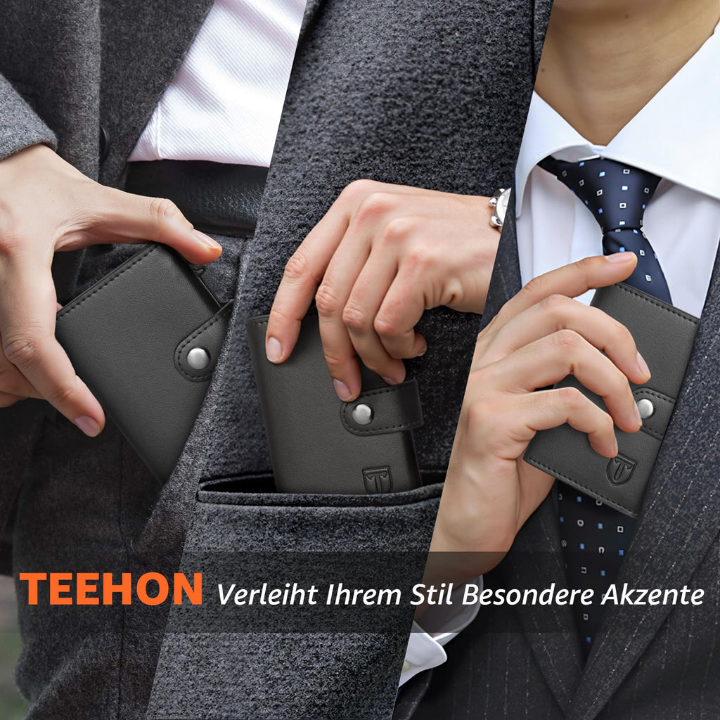 TEEHON Leder Geldbörse Herren mit Münzfach & RFID Schutz | Slim Wallet Kreditkartenetui mit Banknotenfächer | Carbon Geldbeutel Herren Kartenetui Klein& ID-Fenster | Mini Portmonee | Schwarz