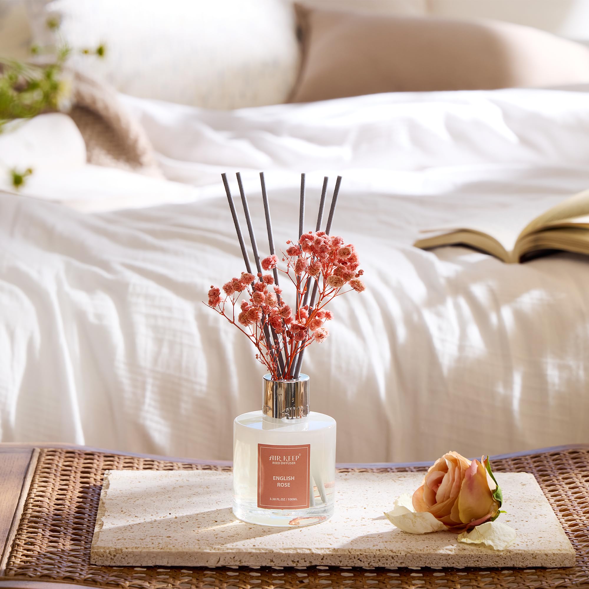 Airkeep Raumduft Clean Linen Duft, Reed Diffuser mit 8 Duftstäbchen, Lufterfrischer für Badezimmer, Wohnung, Heimdekoration, 100ml
