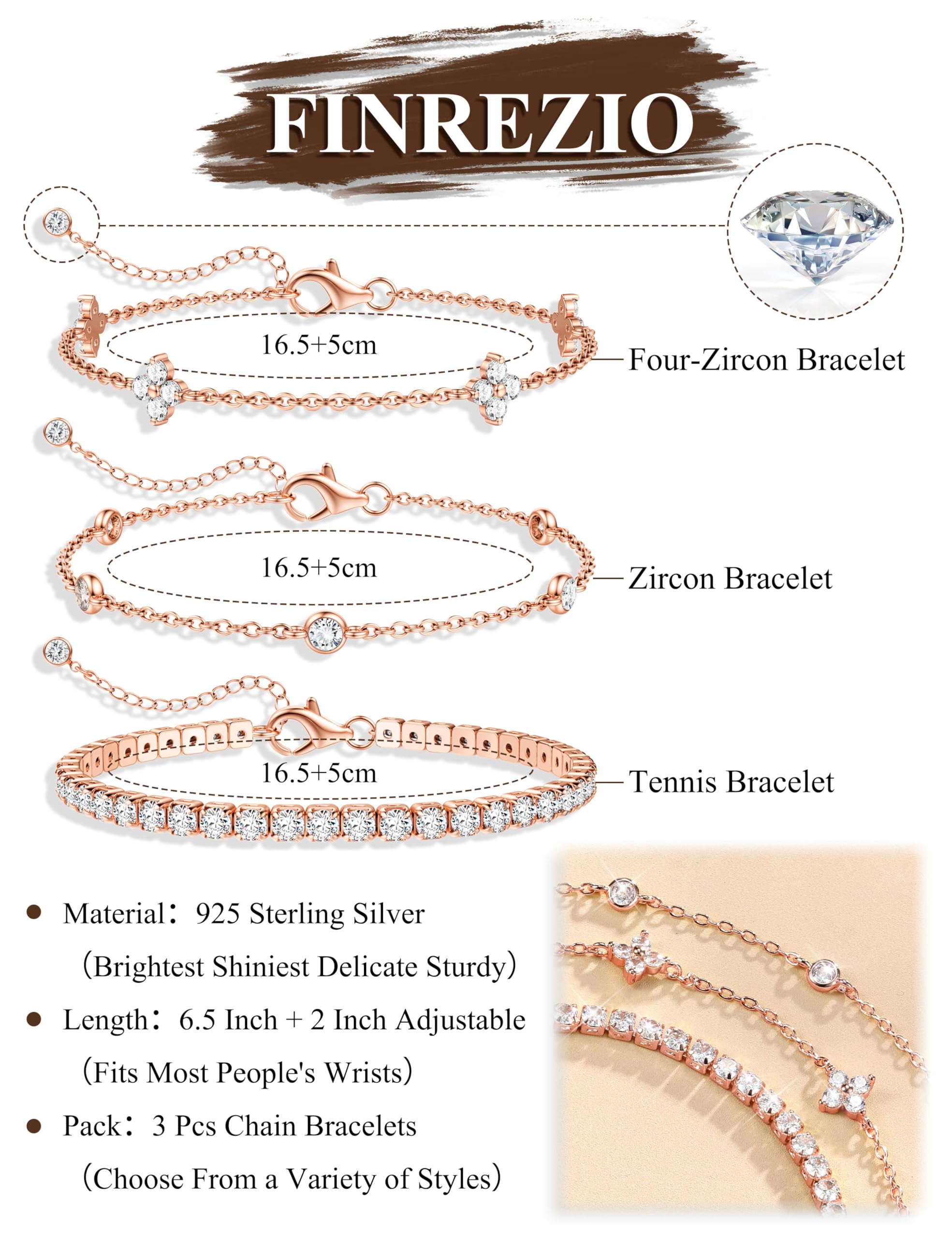 Finrezio 3 Stück Armband Damen Silber 925 Tennis Armband Silver Armband Set 14 Karat Vergoldet Gold Armbänder Damen Mit Zirkonia Verstellbare Armband Schmuck Geschenk für Damen Silber/Gold/Rosegold