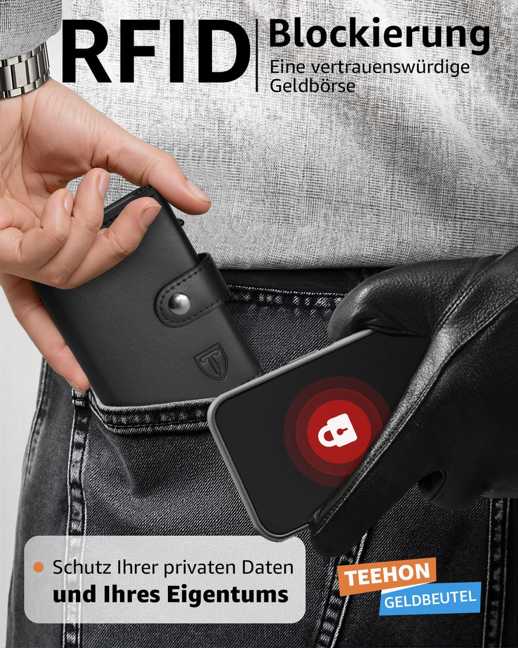 TEEHON Leder Geldbörse Herren mit Münzfach & RFID Schutz | Slim Wallet Kreditkartenetui mit Banknotenfächer | Carbon Geldbeutel Herren Kartenetui Klein& ID-Fenster | Mini Portmonee | Schwarz