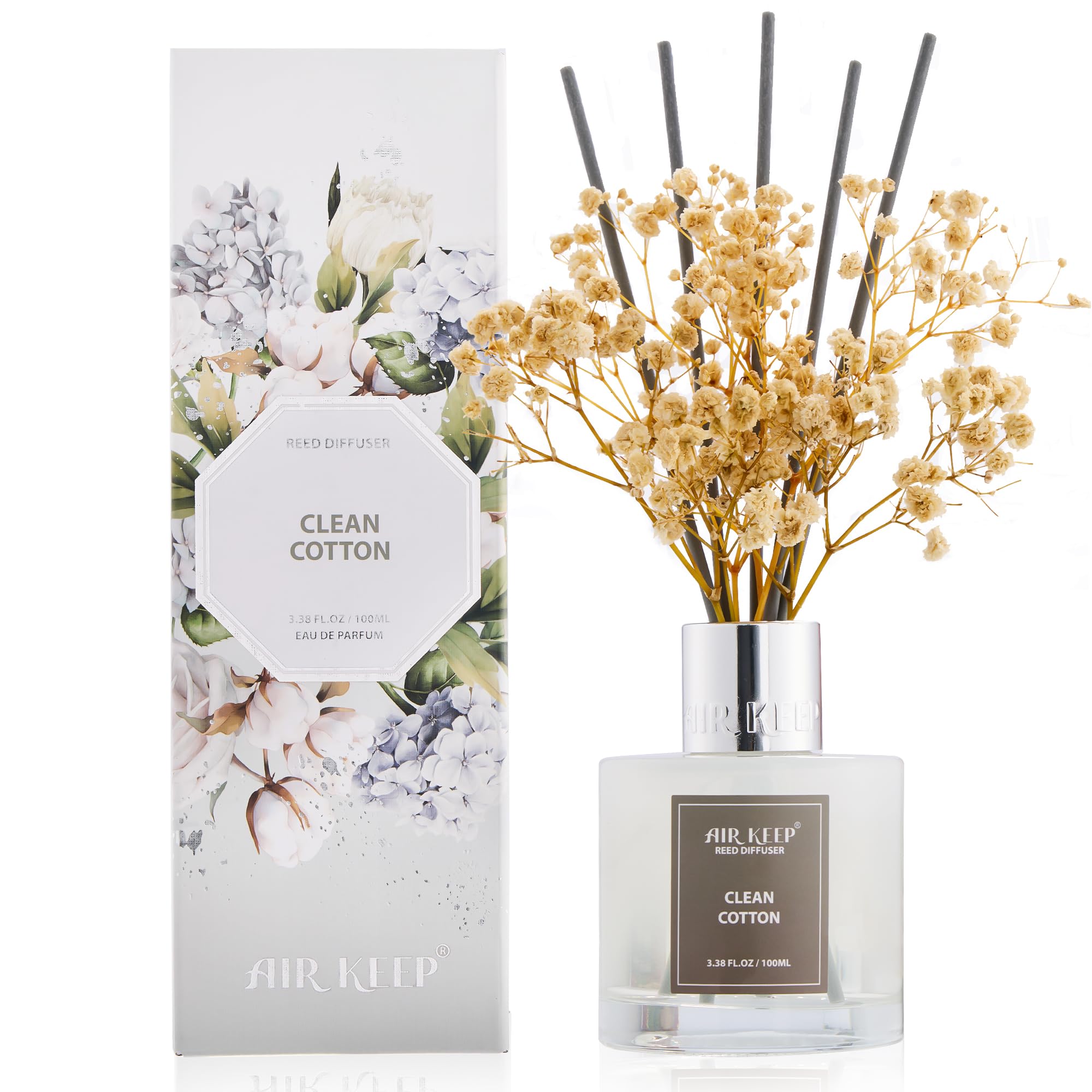 Airkeep Raumduft Clean Linen Duft, Reed Diffuser mit 8 Duftstäbchen, Lufterfrischer für Badezimmer, Wohnung, Heimdekoration, 100ml