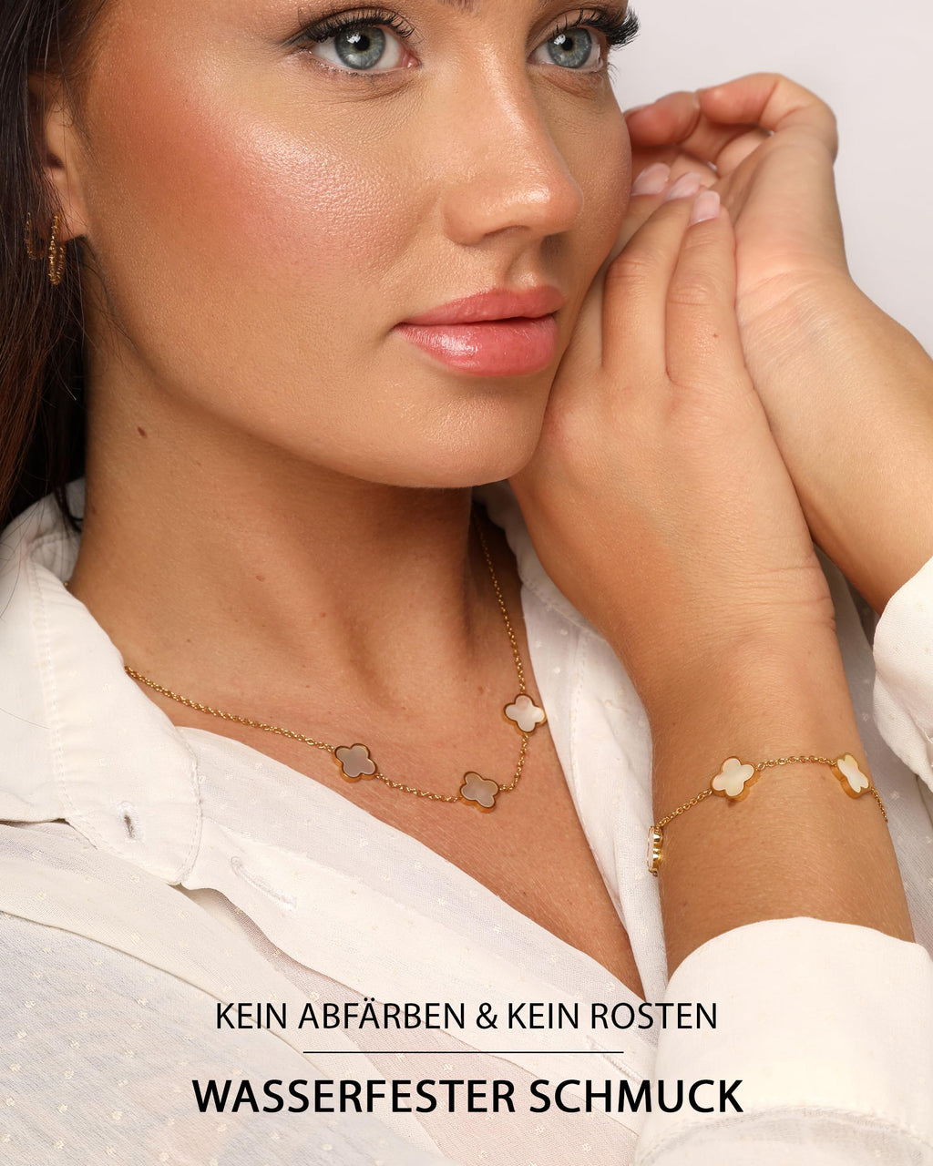 DIAMOND MODE Kleeblatt Armband Damen Gold – Schmuck 18K vergoldet, Clover Perlmutt, Chirurgenstahl 316L, wasserfest, verstellbar 16–20 cm – Geschenk