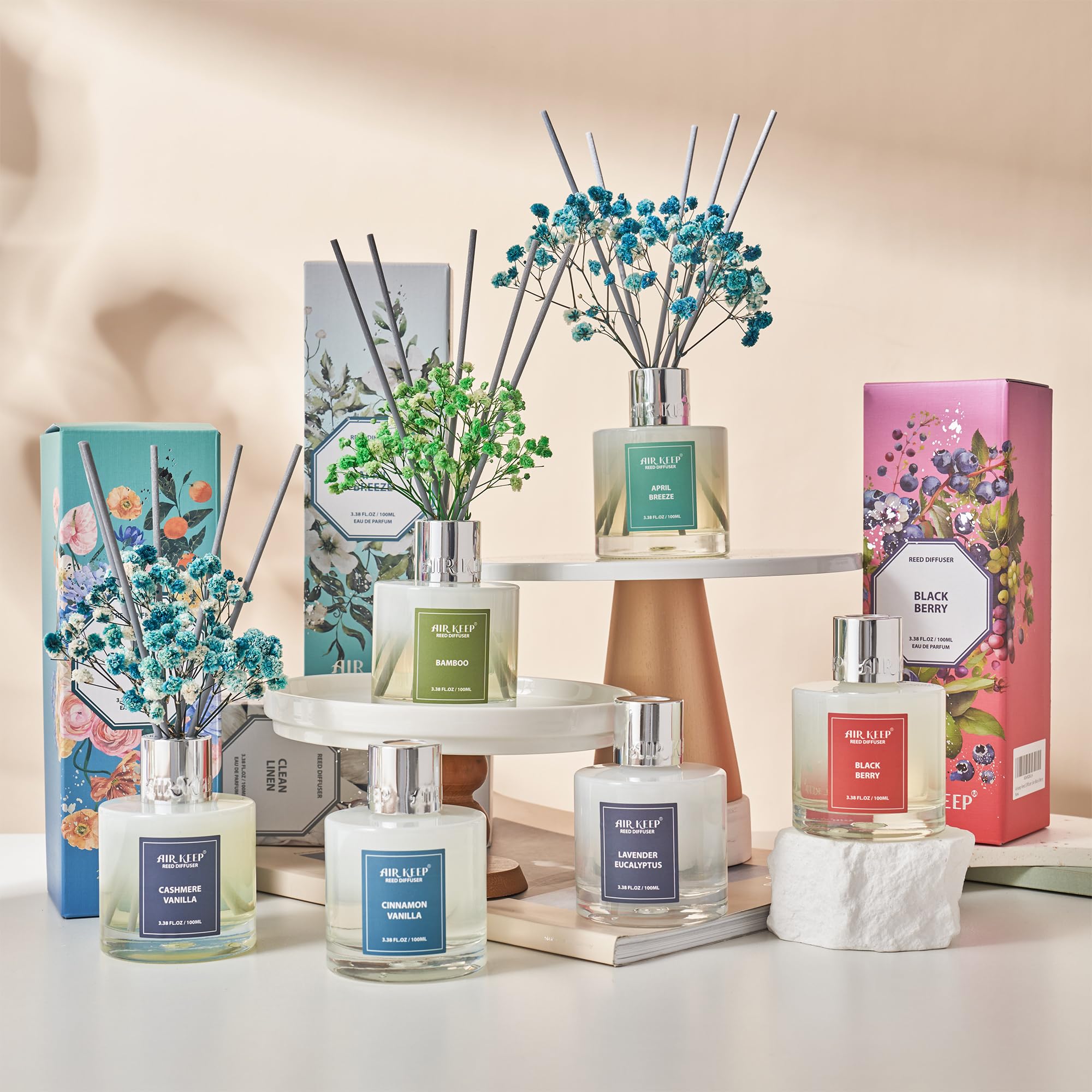 Airkeep Raumduft Clean Linen Duft, Reed Diffuser mit 8 Duftstäbchen, Lufterfrischer für Badezimmer, Wohnung, Heimdekoration, 100ml
