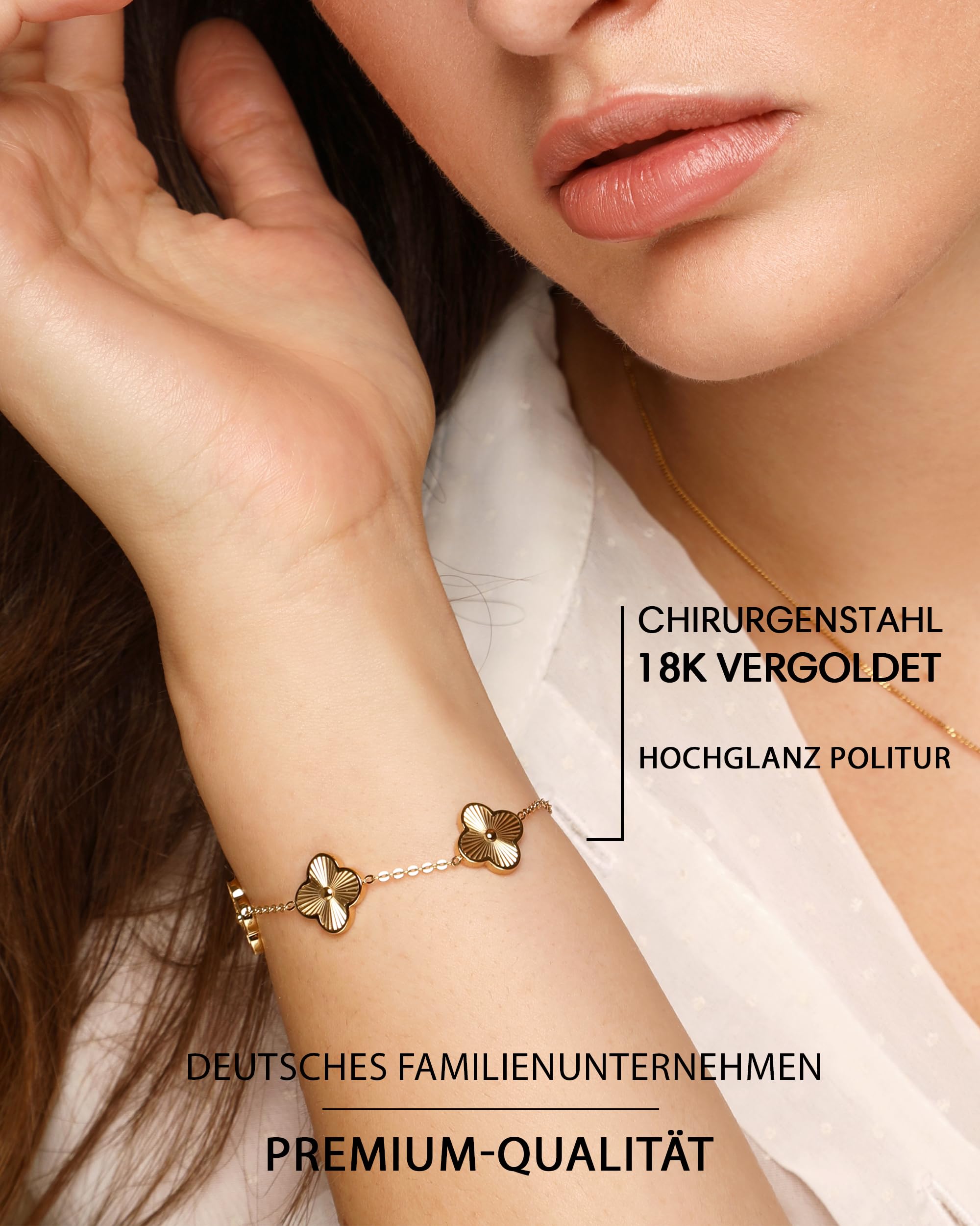 DIAMOND MODE Kleeblatt Armband Damen Gold – Schmuck 18K vergoldet, Shine Clover, Chirurgenstahl 316L, wasserfest, verstellbar 16–20 cm – Geschenk