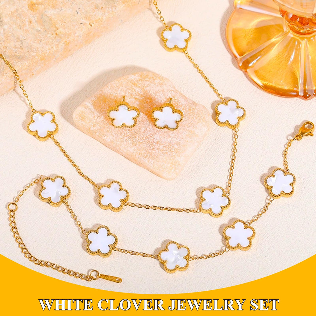 18k Vierblättriges Kleeblatt Schmuckset, Damen Und MäDchen Vergoldet Vierblättriges Kleeblatt Armband Halskette Ohrringe Armband,Schmuck Set für Muttertags,Valentinstag
