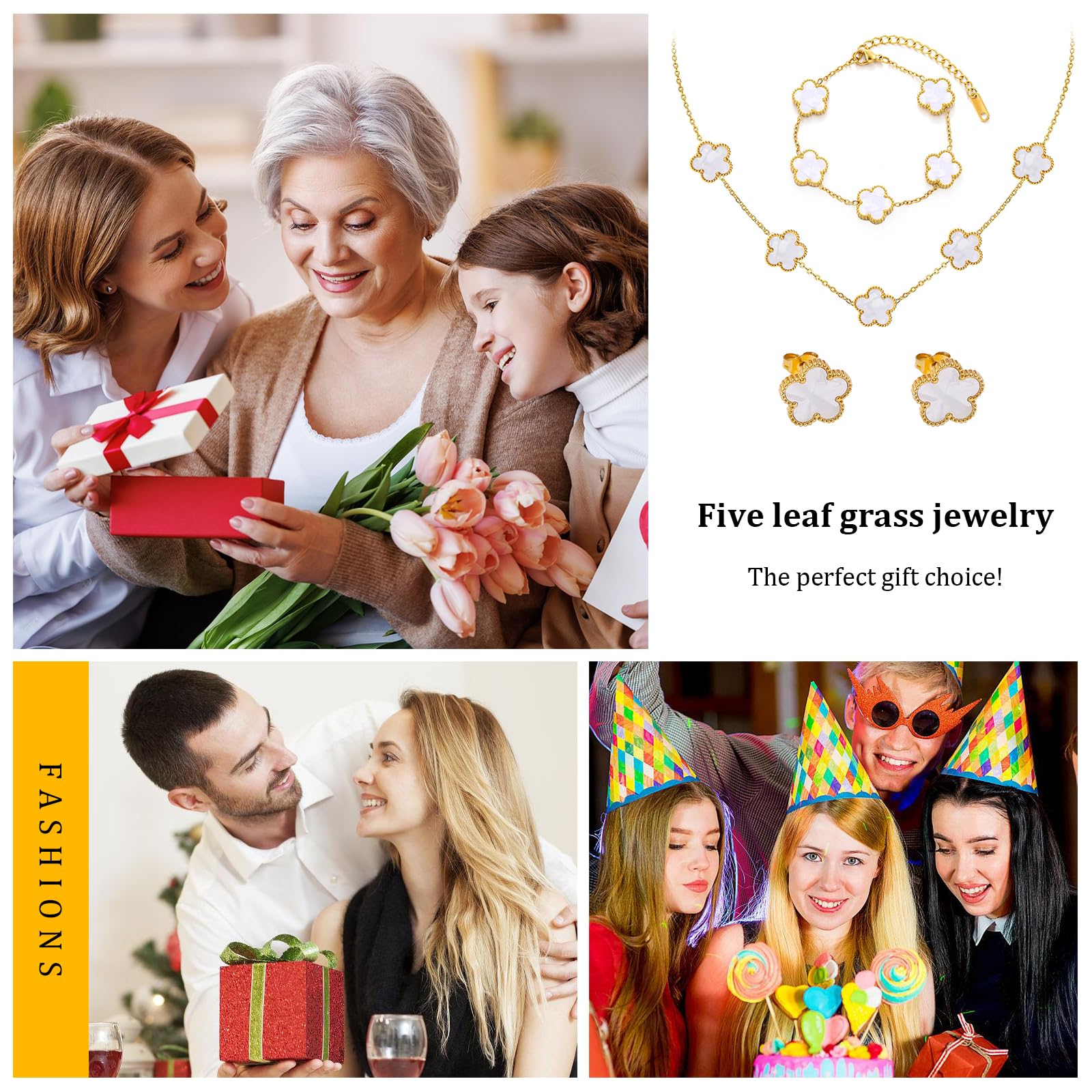 18k Vierblättriges Kleeblatt Schmuckset, Damen Und MäDchen Vergoldet Vierblättriges Kleeblatt Armband Halskette Ohrringe Armband,Schmuck Set für Muttertags,Valentinstag