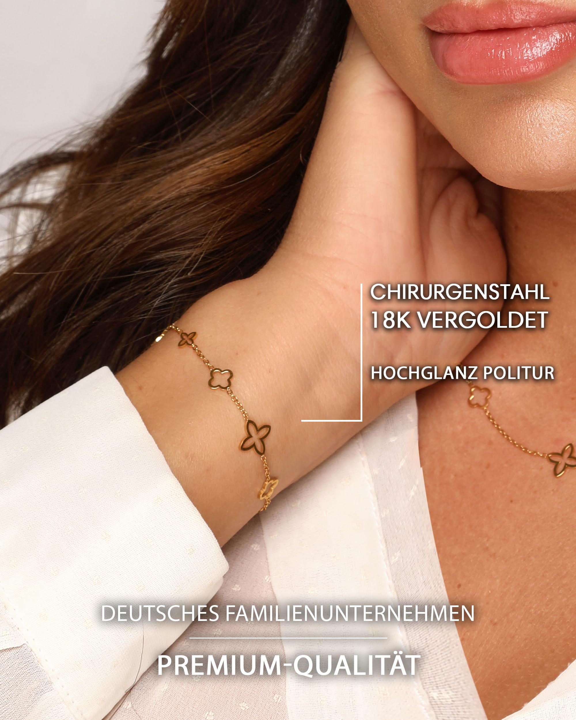 DIAMOND MODE Kleeblatt Armband Damen Gold - Schmuck 18K Gelbgold vergoldet, Chirurgenstahl 316L, Fancy Clover, 16cm + 4cm Verlängerung, Wasserfest, Geschenk, Blumen