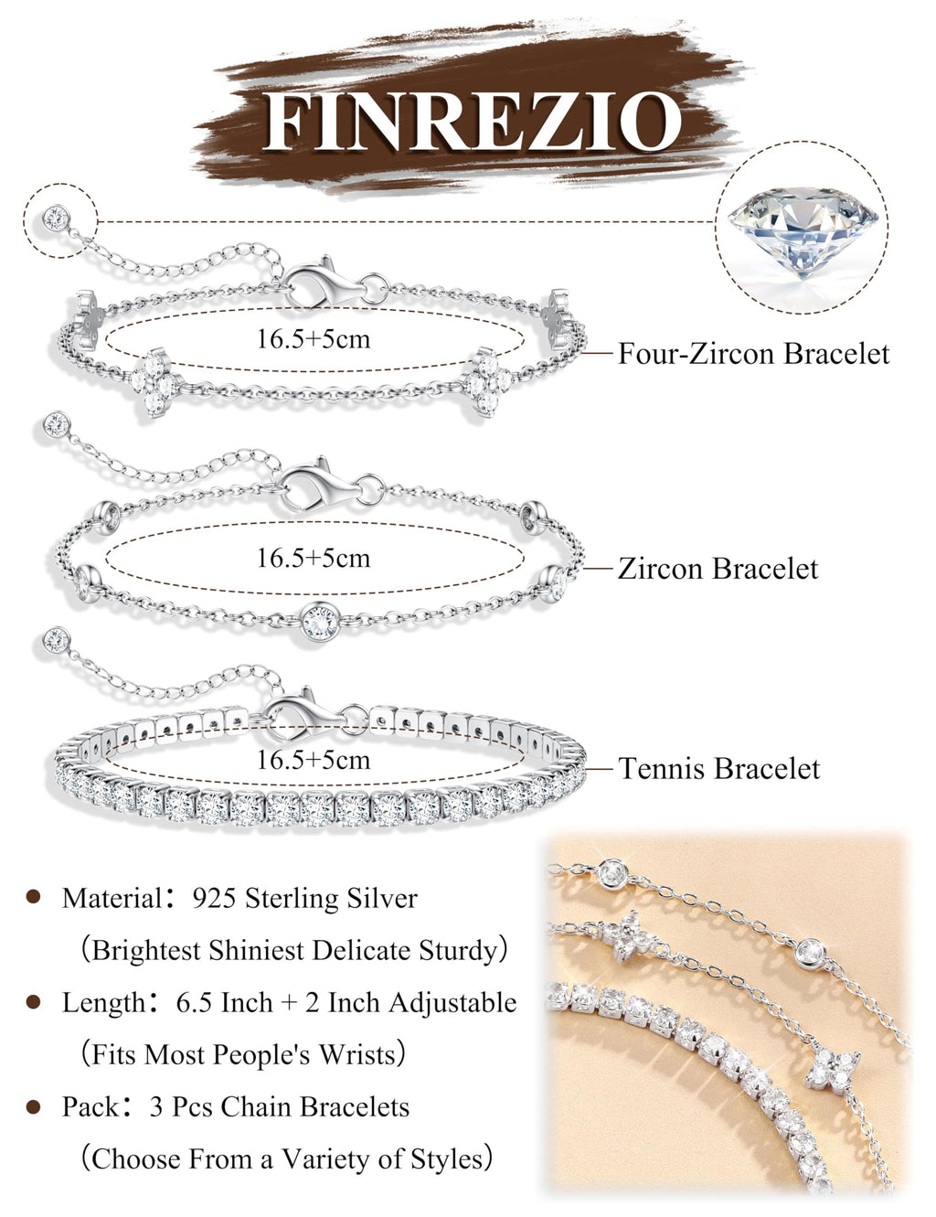 Finrezio 3 Stück Armband Damen Silber 925 Tennis Armband Silver Armband Set 14 Karat Vergoldet Gold Armbänder Damen Mit Zirkonia Verstellbare Armband Schmuck Geschenk für Damen Silber/Gold/Rosegold