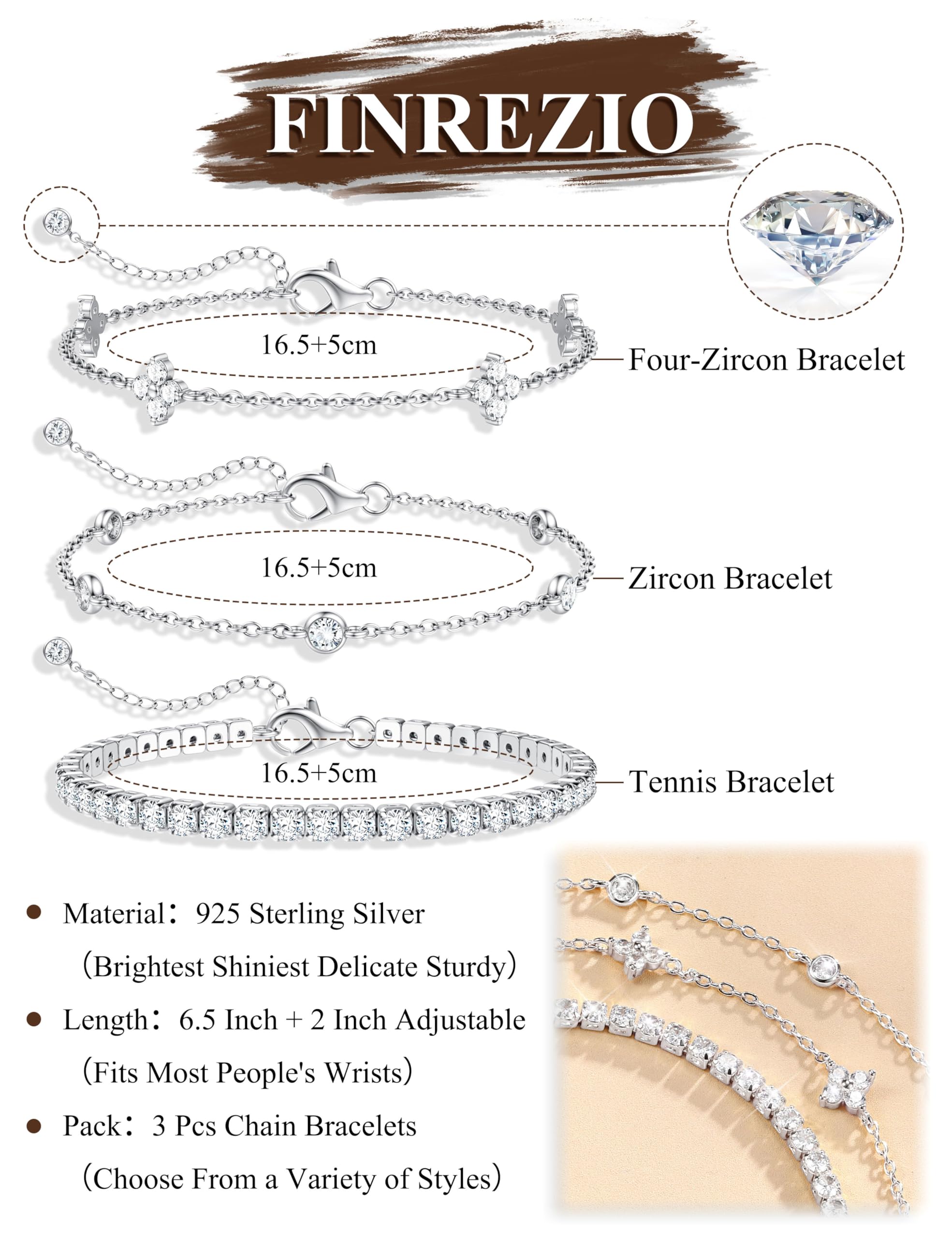 Finrezio 3 Stück Armband Damen Silber 925 Tennis Armband Silver Armband Set 14 Karat Vergoldet Gold Armbänder Damen Mit Zirkonia Verstellbare Armband Schmuck Geschenk für Damen Silber/Gold/Rosegold