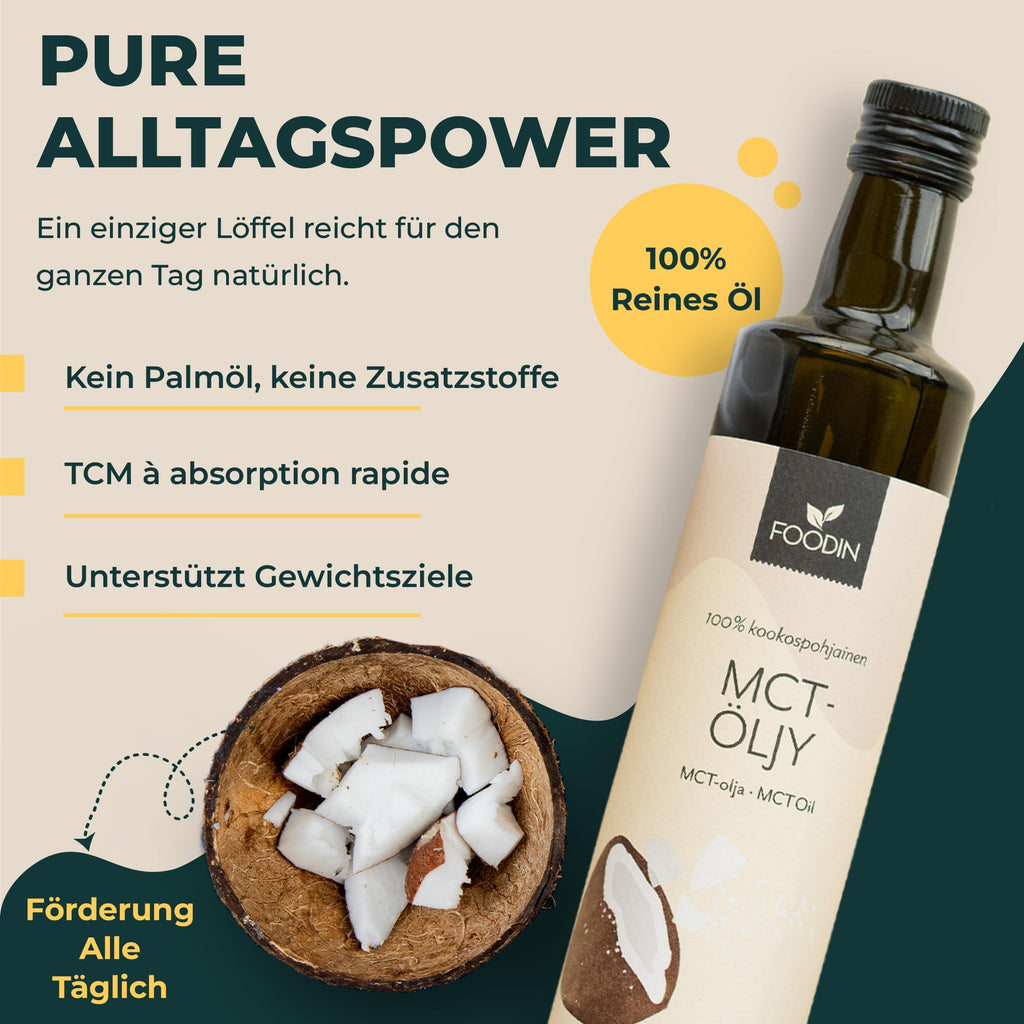 FOODIN MCT Öl 1000ml (2 x 500 ml) aus 100% Kokosöl, Medium-Chain Triglyceride (MCT) Oil, Hergestellt aus produzierter Kokosnuss, 100% glutenfrei und vegan, Ideal für Ketogene Ernährung