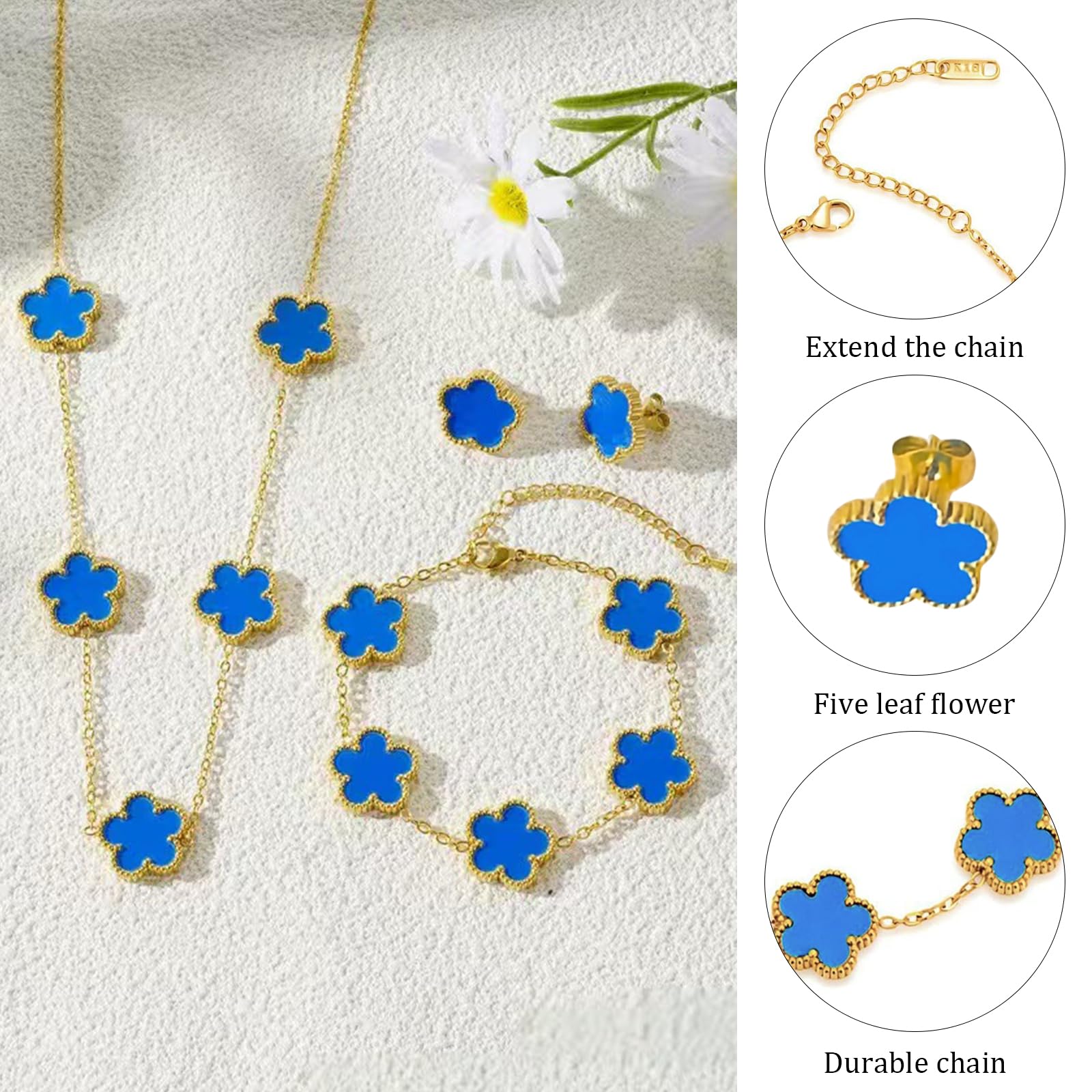 18k Vierblättriges Kleeblatt Schmuckset, Damen Und MäDchen Vergoldet Vierblättriges Kleeblatt Armband Halskette Ohrringe Armband,Schmuck Set für Muttertags,Valentinstag