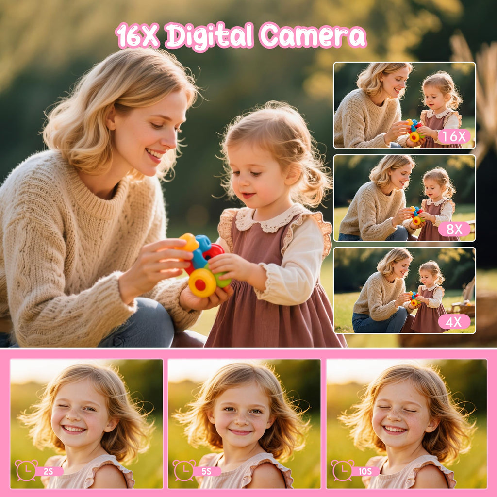 Digitalkamera 1080P 44MP Vlogging Kamera für Kinder Jugendliche, FHD Kompaktkamera Fotokamera mit 2,4" Bildschirm 16X Zoom, Anti-Shake Minikamera für Anfänger Studenten Jungen Mädchen-Schwarz
