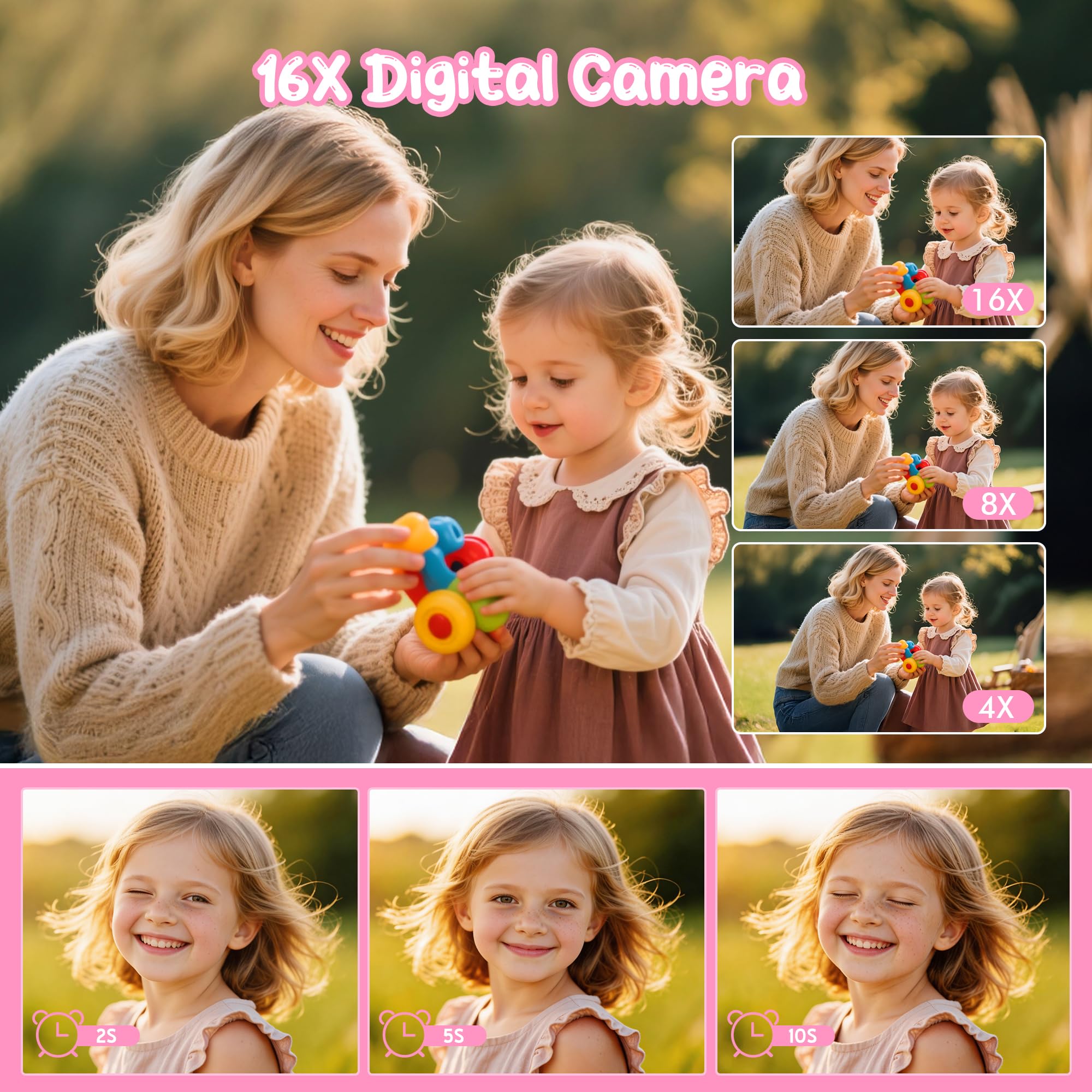 Digitalkamera 1080P 44MP Vlogging Kamera für Kinder Jugendliche, FHD Kompaktkamera Fotokamera mit 2,4" Bildschirm 16X Zoom, Anti-Shake Minikamera für Anfänger Studenten Jungen Mädchen-Schwarz