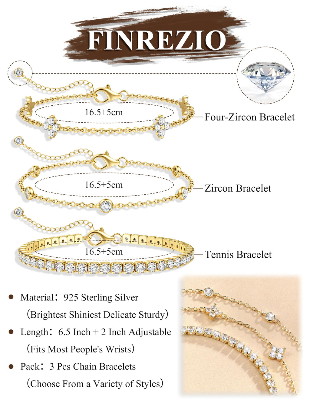 Finrezio 3 Stück Armband Damen Silber 925 Tennis Armband Silver Armband Set 14 Karat Vergoldet Gold Armbänder Damen Mit Zirkonia Verstellbare Armband Schmuck Geschenk für Damen Silber/Gold/Rosegold
