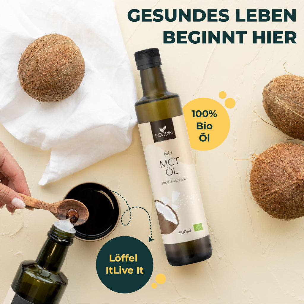 FOODIN MCT Öl 1000ml (2 x 500 ml) aus 100% Kokosöl, Medium-Chain Triglyceride (MCT) Oil, Hergestellt aus produzierter Kokosnuss, 100% glutenfrei und vegan, Ideal für Ketogene Ernährung