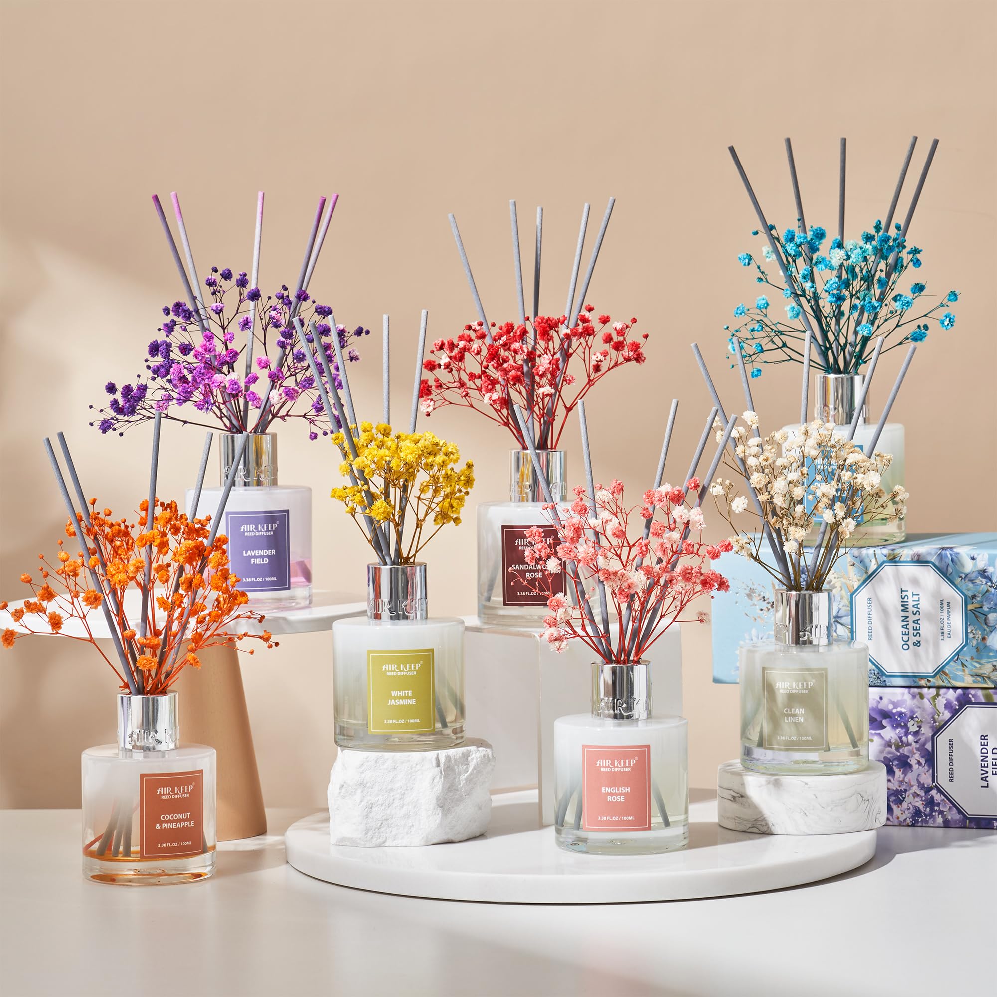 Airkeep Raumduft Clean Linen Duft, Reed Diffuser mit 8 Duftstäbchen, Lufterfrischer für Badezimmer, Wohnung, Heimdekoration, 100ml