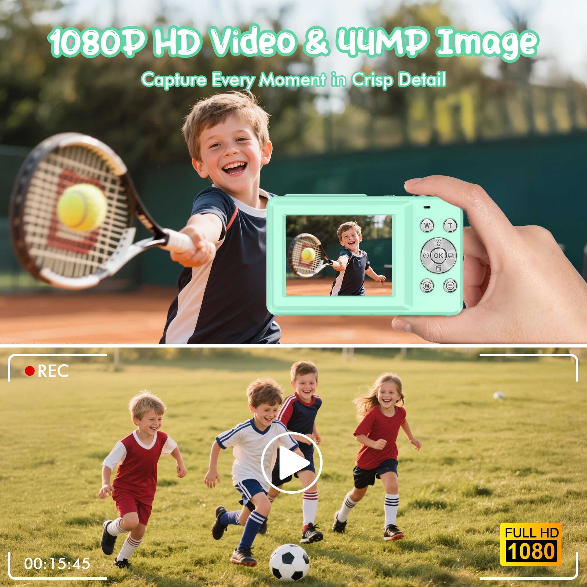 Digitalkamera 1080P 44MP Vlogging Kamera für Kinder Jugendliche, FHD Kompaktkamera Fotokamera mit 2,4" Bildschirm 16X Zoom, Anti-Shake Minikamera für Anfänger Studenten Jungen Mädchen-Schwarz