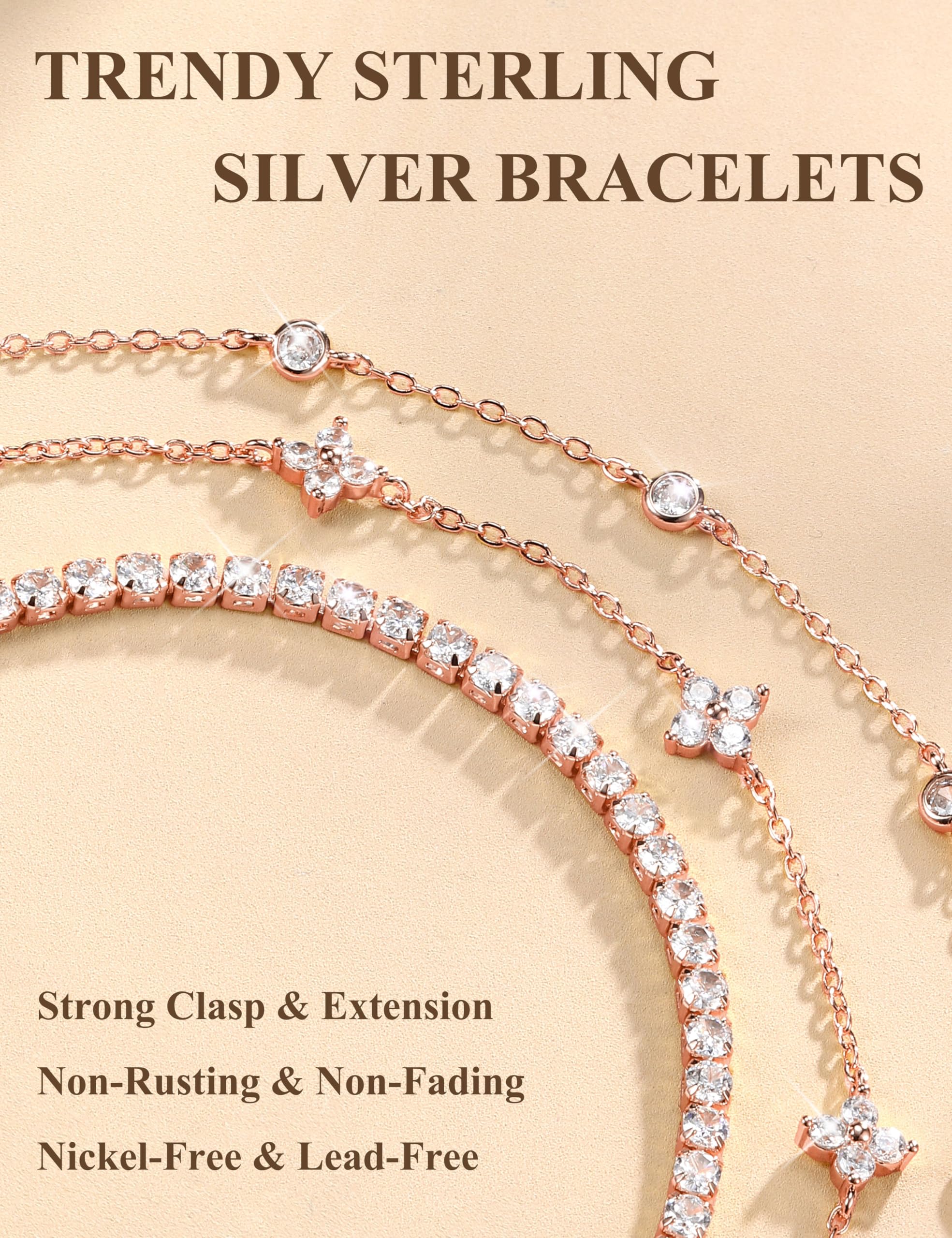 Finrezio 3 Stück Armband Damen Silber 925 Tennis Armband Silver Armband Set 14 Karat Vergoldet Gold Armbänder Damen Mit Zirkonia Verstellbare Armband Schmuck Geschenk für Damen Silber/Gold/Rosegold