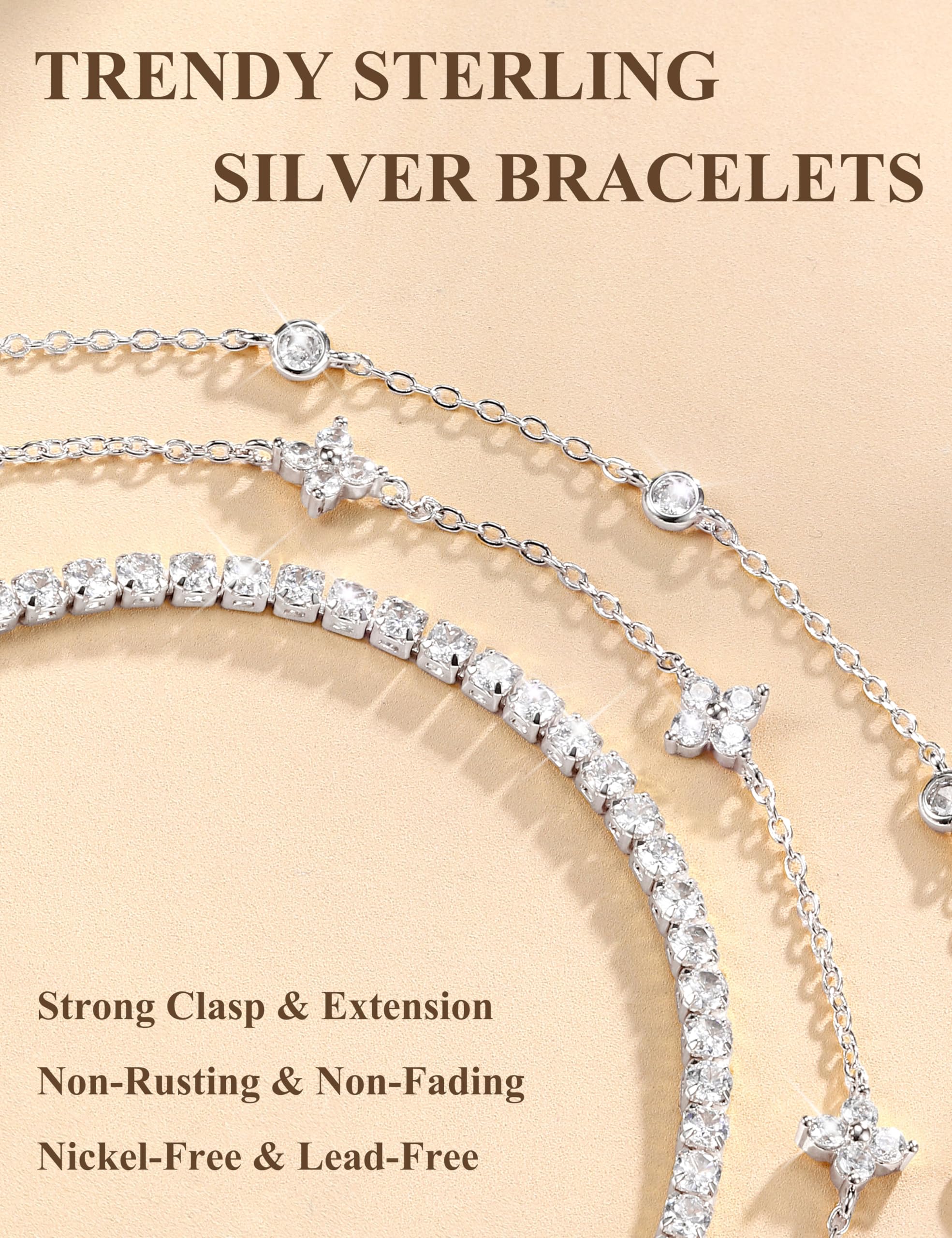 Finrezio 3 Stück Armband Damen Silber 925 Tennis Armband Silver Armband Set 14 Karat Vergoldet Gold Armbänder Damen Mit Zirkonia Verstellbare Armband Schmuck Geschenk für Damen Silber/Gold/Rosegold