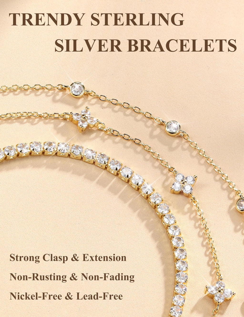 Finrezio 3 Stück Armband Damen Silber 925 Tennis Armband Silver Armband Set 14 Karat Vergoldet Gold Armbänder Damen Mit Zirkonia Verstellbare Armband Schmuck Geschenk für Damen Silber/Gold/Rosegold
