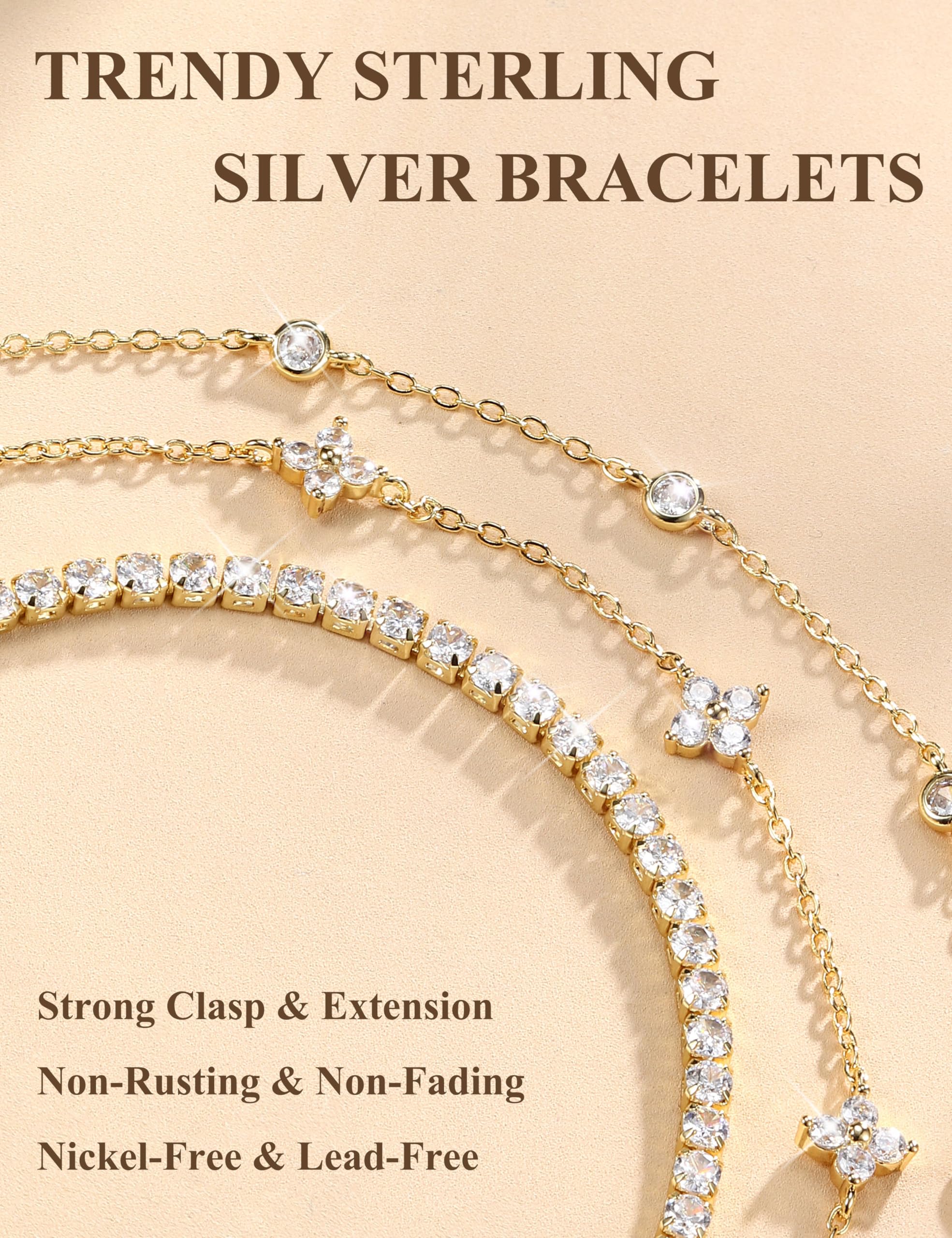 Finrezio 3 Stück Armband Damen Silber 925 Tennis Armband Silver Armband Set 14 Karat Vergoldet Gold Armbänder Damen Mit Zirkonia Verstellbare Armband Schmuck Geschenk für Damen Silber/Gold/Rosegold